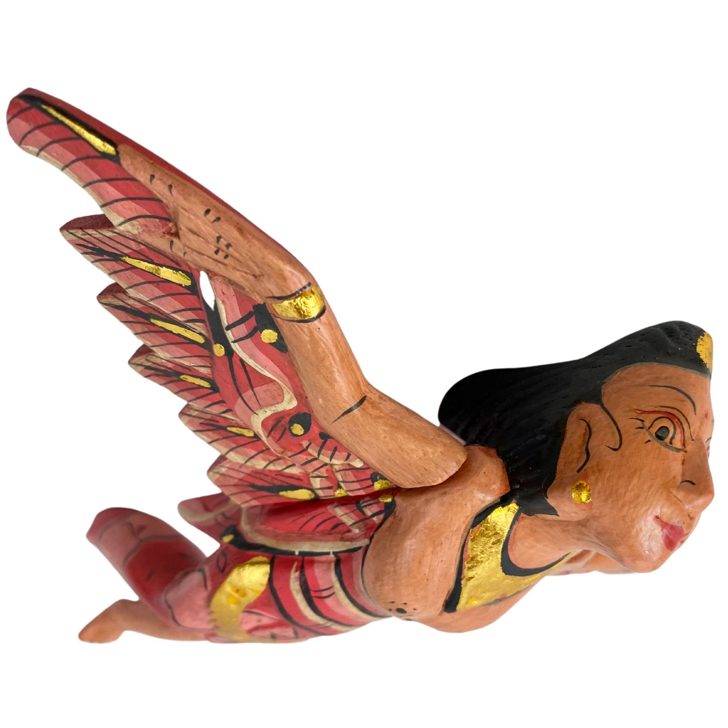 Flying Winged Dewi Sri Goddess Mobile Spiritchaser Crib Angel Balinese Folk art Carved Wood Bali art red 8"