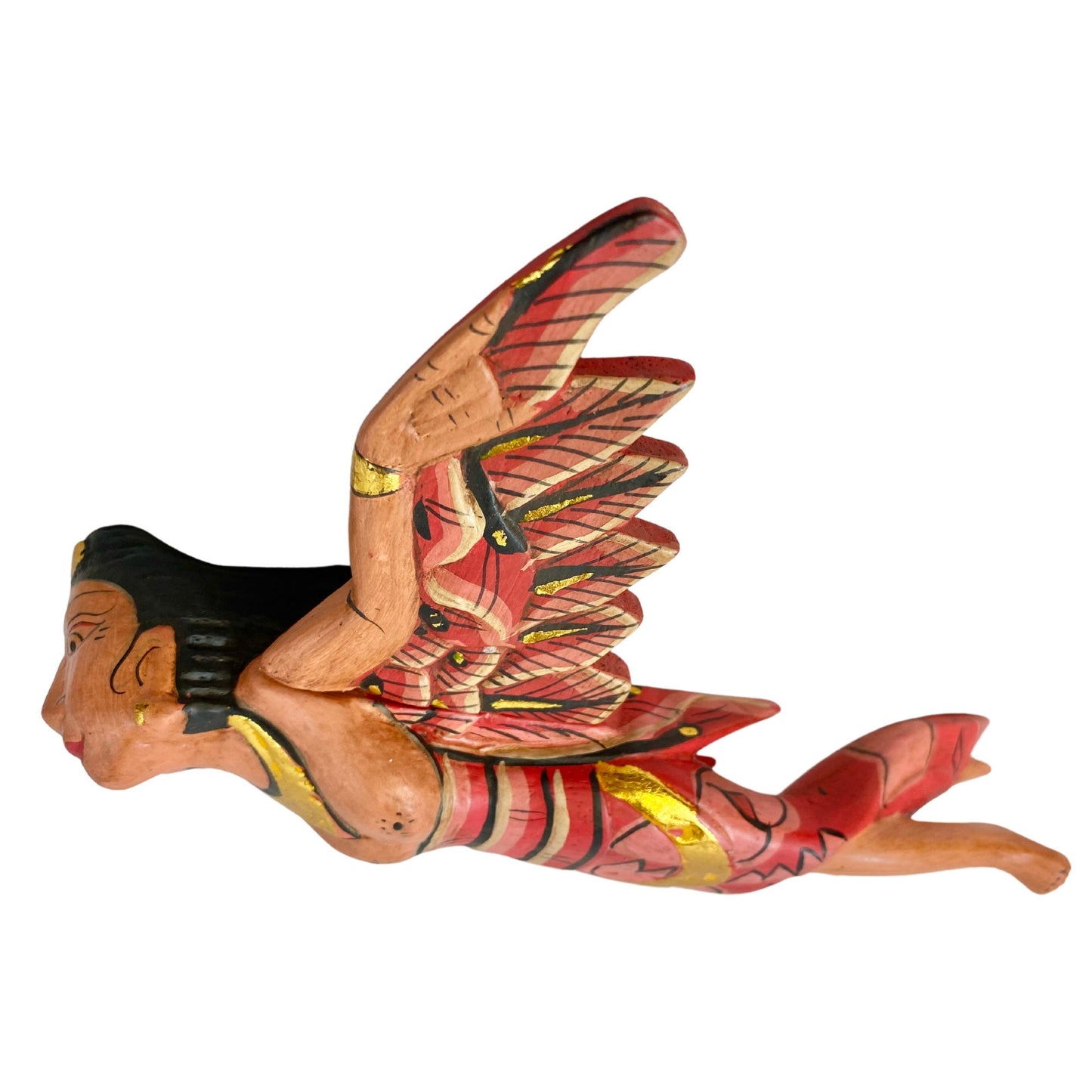 Flying Winged Dewi Sri Goddess Mobile Spiritchaser Crib Angel Balinese Folk art Carved Wood Bali art red 8"