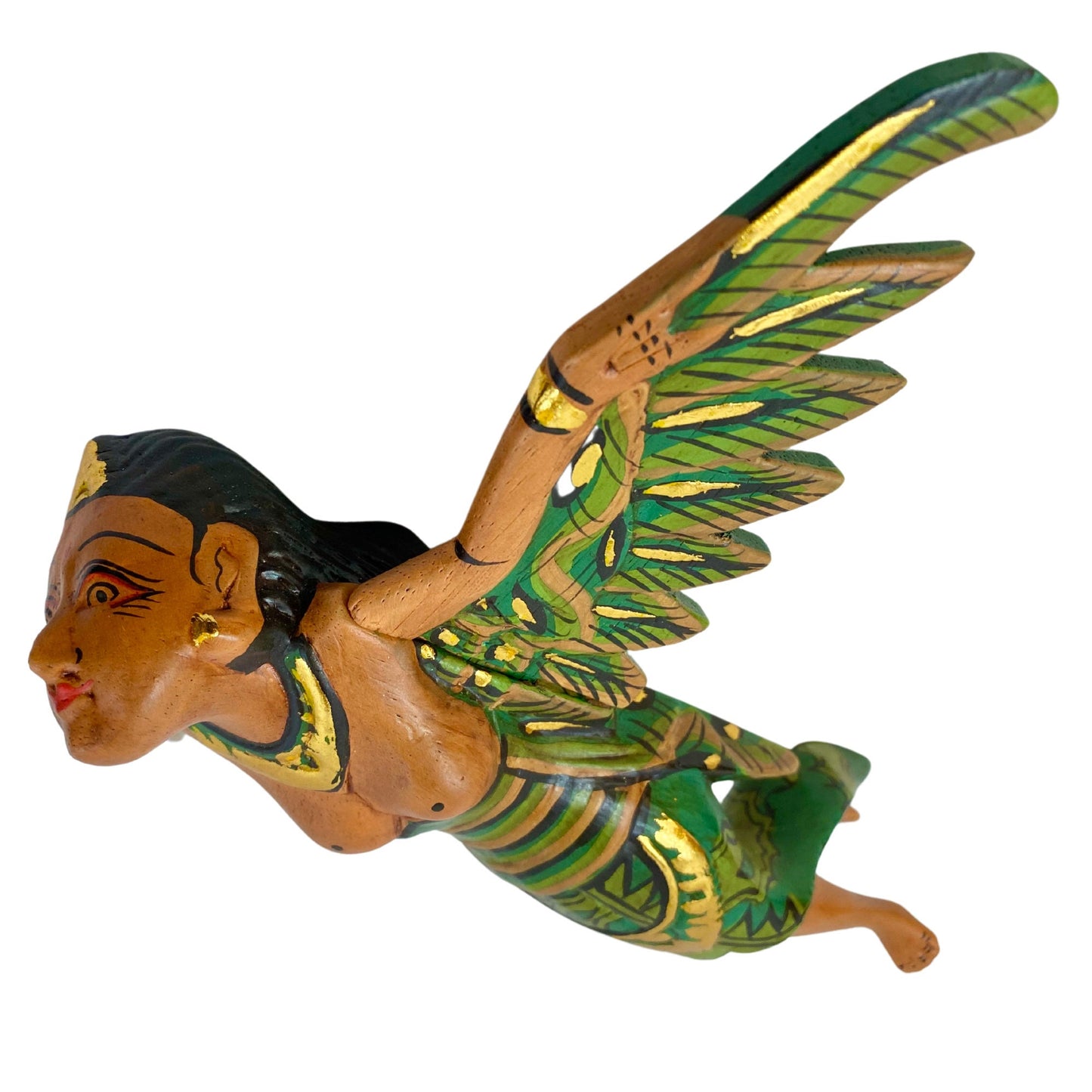 Flying Winged Dewi Sri Goddess Mobile Spirit chaser Crib Guardian Carved Wood Balinese Folk art Green 8"