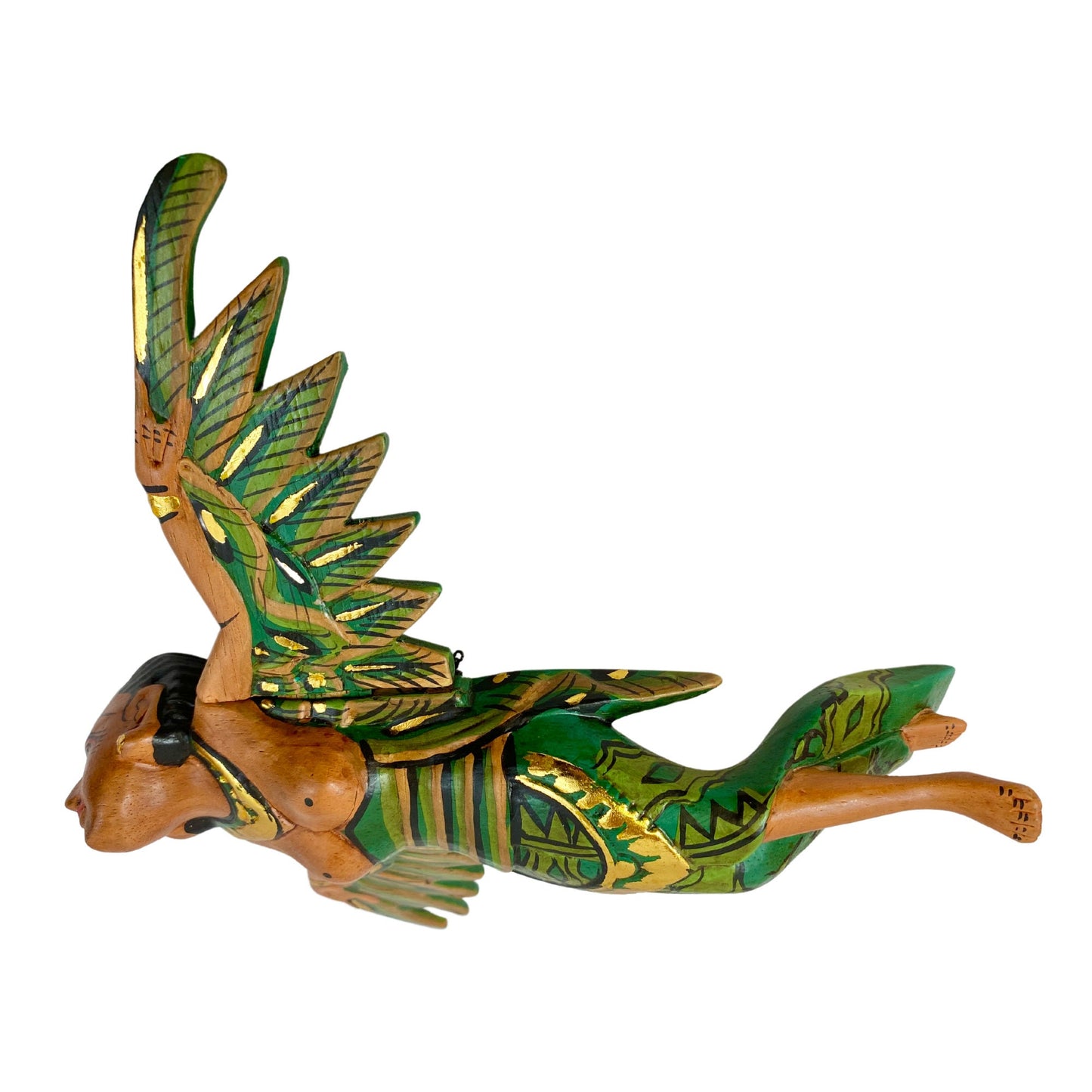 Flying Winged Dewi Sri Goddess Mobile Spirit chaser Crib Guardian Carved Wood Balinese Folk art Green 8"