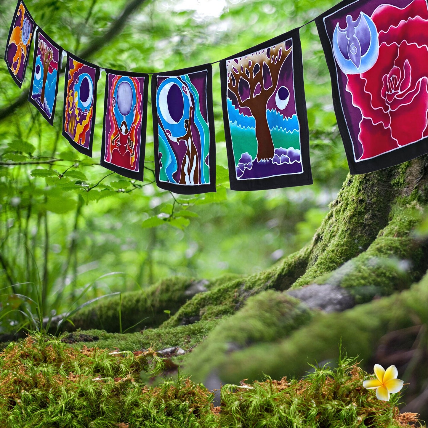 Balinese Batik Prayer Flag, Moon Goddess, Divine feminine Wall Hanging, Garden Decor