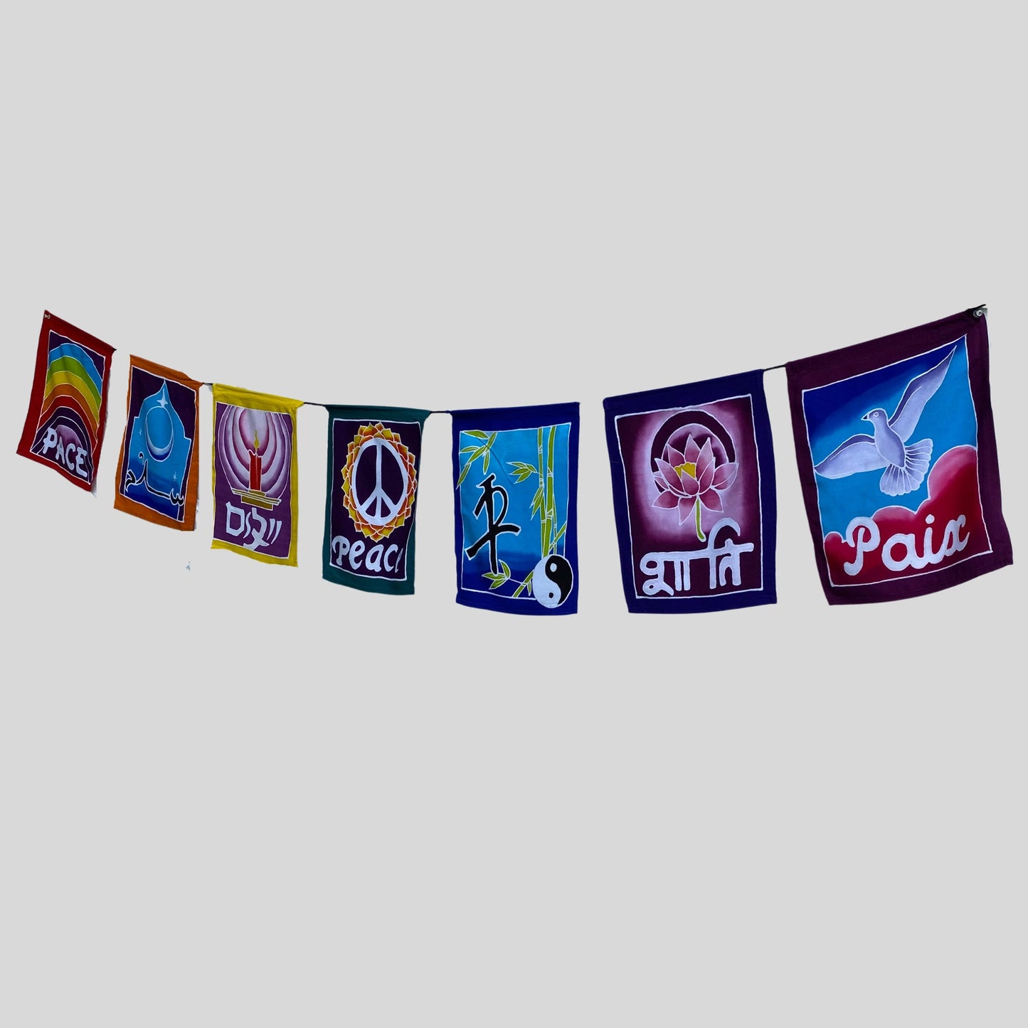 World Peace Prayer Flag Rainbow Diversity Wall Hanging Banner Balinese Handmade Hand Drawn Batik Boho Garden Art & Home Decor