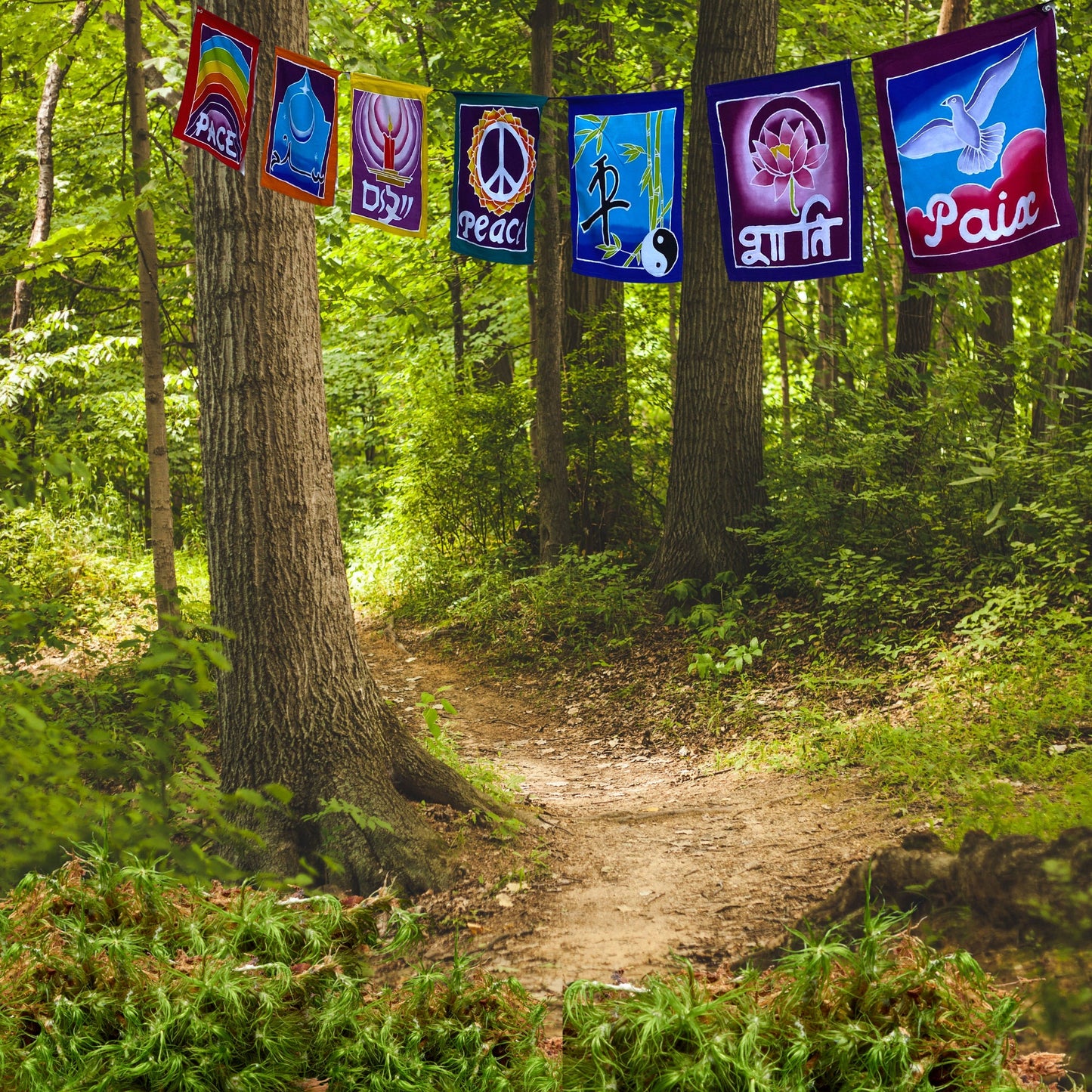 World Peace Prayer Flag Rainbow Diversity Wall Hanging Banner Balinese Handmade Hand Drawn Batik Boho Garden Art & Home Decor