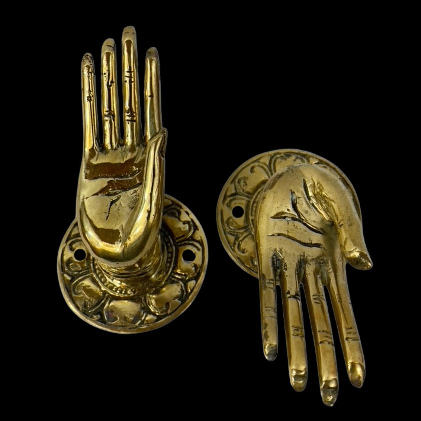 Buddha Mudra Hands Blessing Handle Door Pull Knob Cabinet Pull Wall Hook Handcrafted Bronze Metal Balinese Folk Art Boho Home decor Set of 2