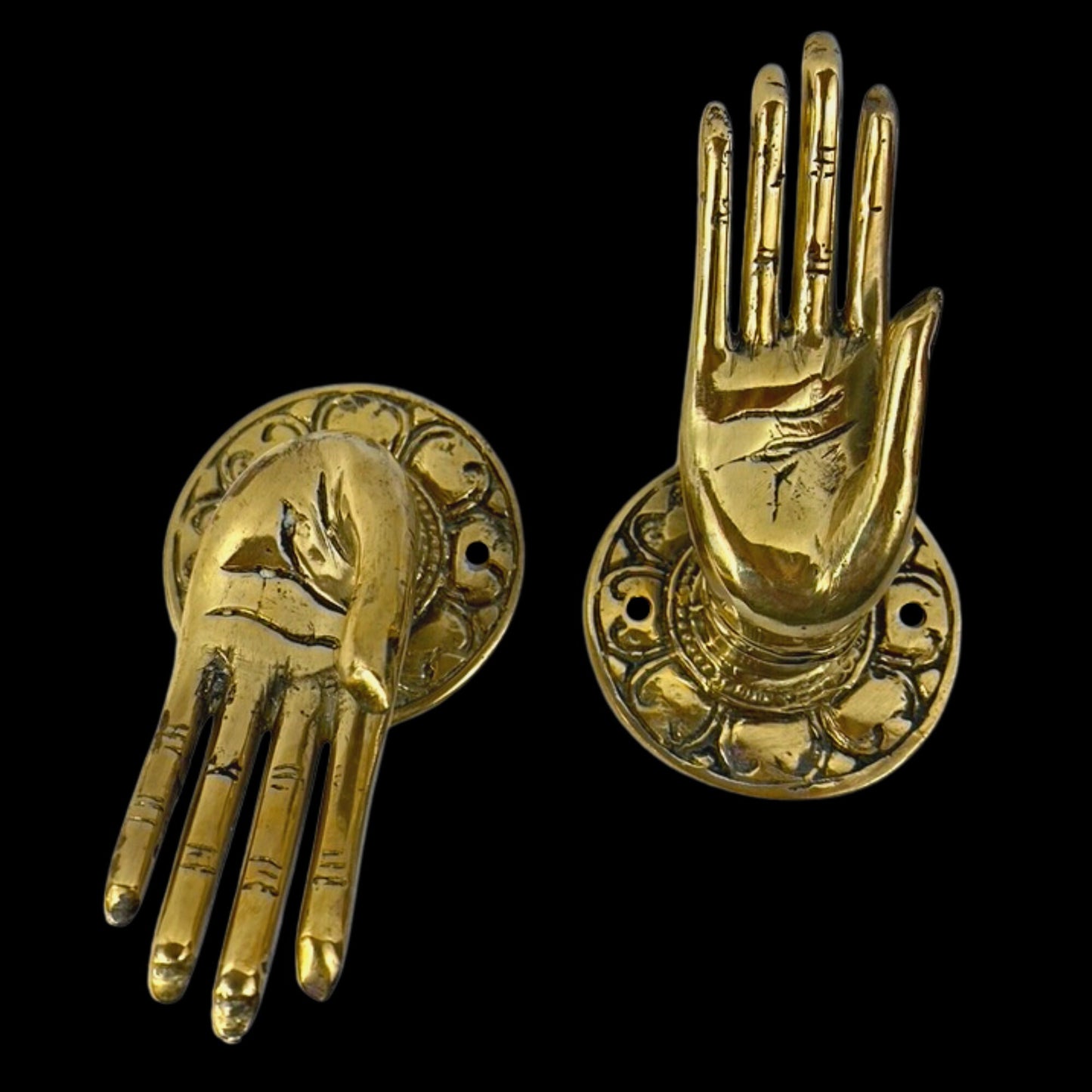 Buddha Mudra Hands Blessing Handle Door Pull Knob Cabinet Pull Wall Hook Handcrafted Bronze Metal Balinese Folk Art Boho Home decor Set of 2