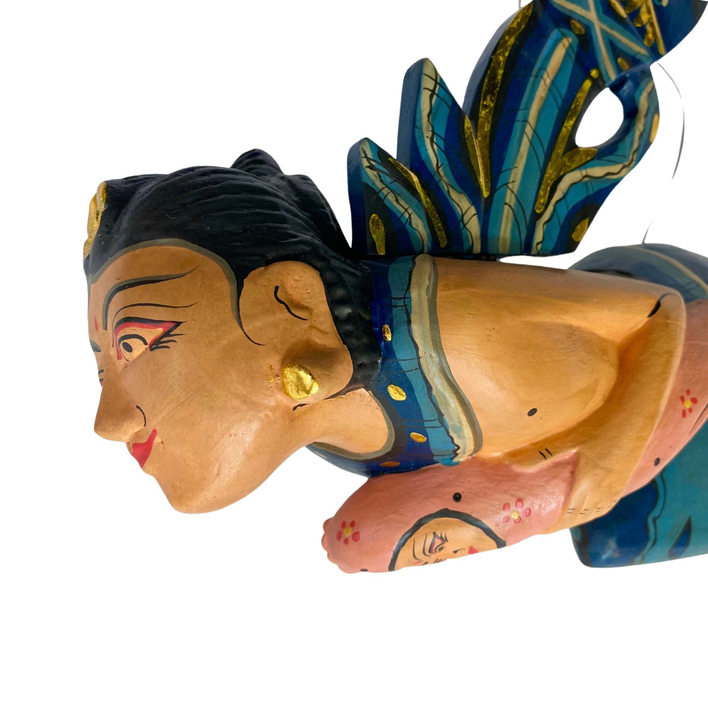 Winged Dewi Sri Fertility Goddess Mobile Spiritchaser Hand Carved Wood Teal Mother & Baby Carving Balinese folk art