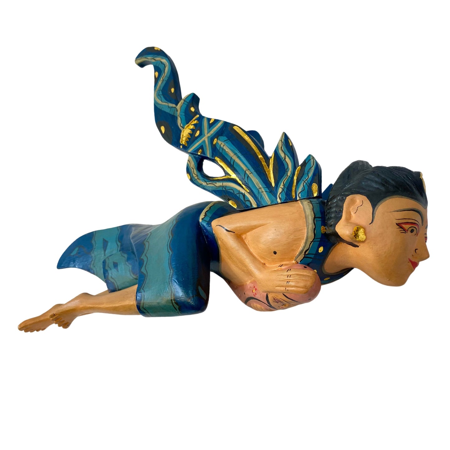 Winged Dewi Sri Fertility Goddess Mobile Spiritchaser Hand Carved Wood Teal Mother & Baby Carving Balinese folk art
