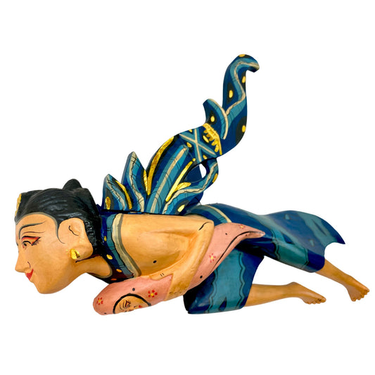 Winged Dewi Sri Fertility Goddess Mobile Spiritchaser Hand Carved Wood Teal Mother & Baby Carving Balinese folk art
