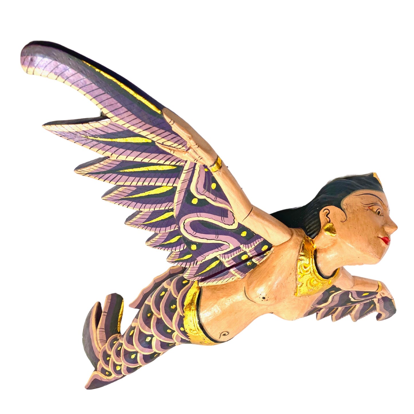 Bali Winged Mermaid Goddess Mobile, Demon Chaser Cradle Guardian, Hand Carved Wood, Balinese Folk art Purple 16" - Acadia World Traders