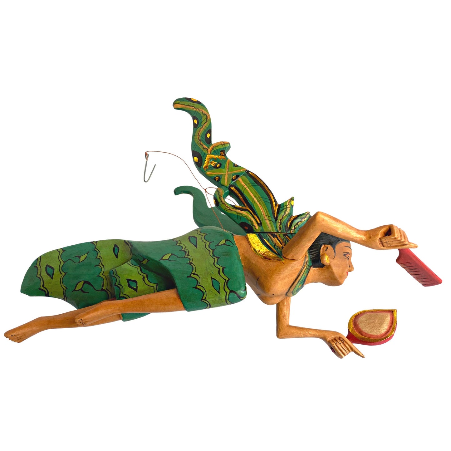 Flying Dewi Ratih Moon Lunar Goddess Mobile Crib Guardian Hand Carved Wood Bali Folk Art Green 16" - Acadia World Traders