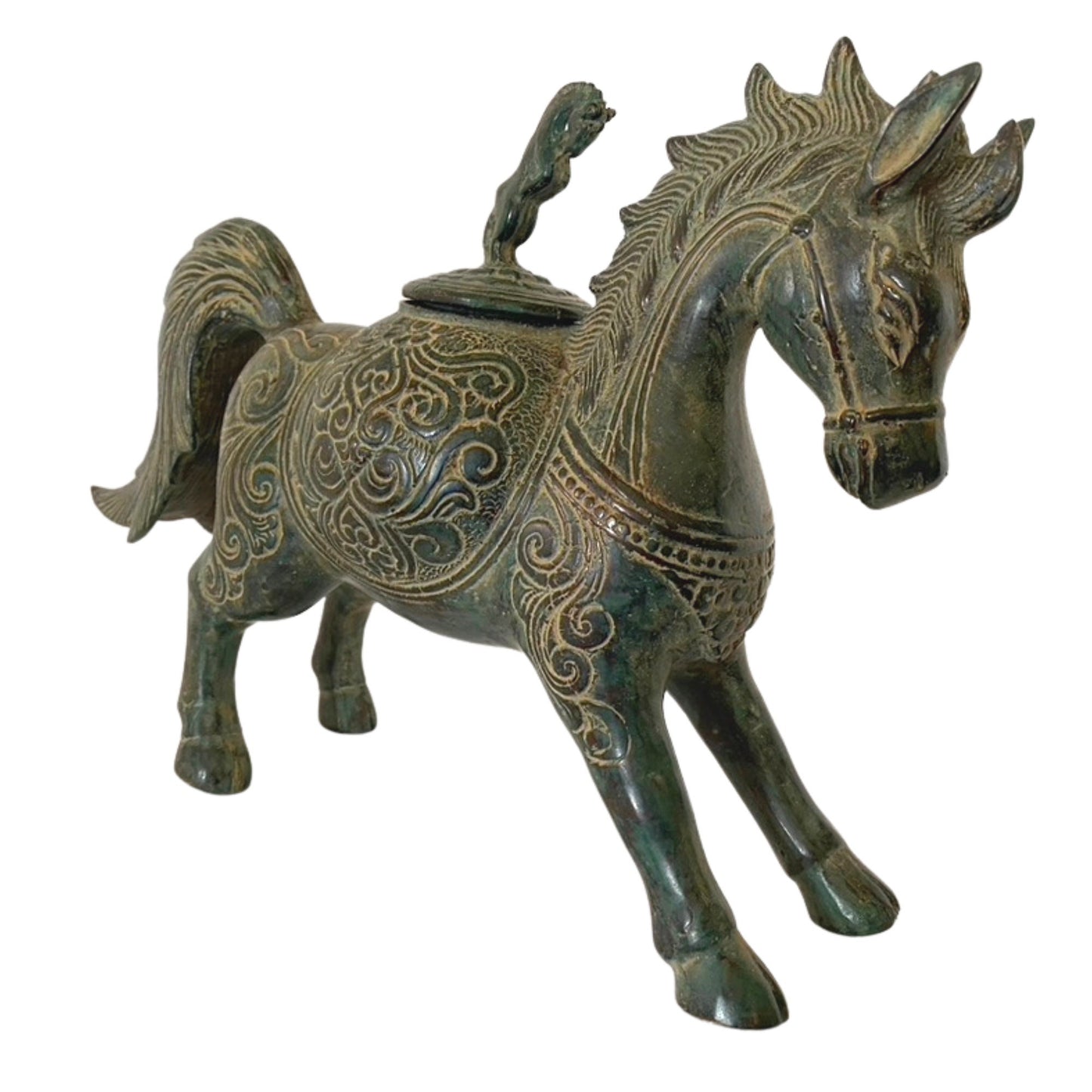 Tribal Horse Betel Nut Lime Medicine Container stash Box Vintage Sumatran Verdigris Patina Bronze Indonesian Folk Art