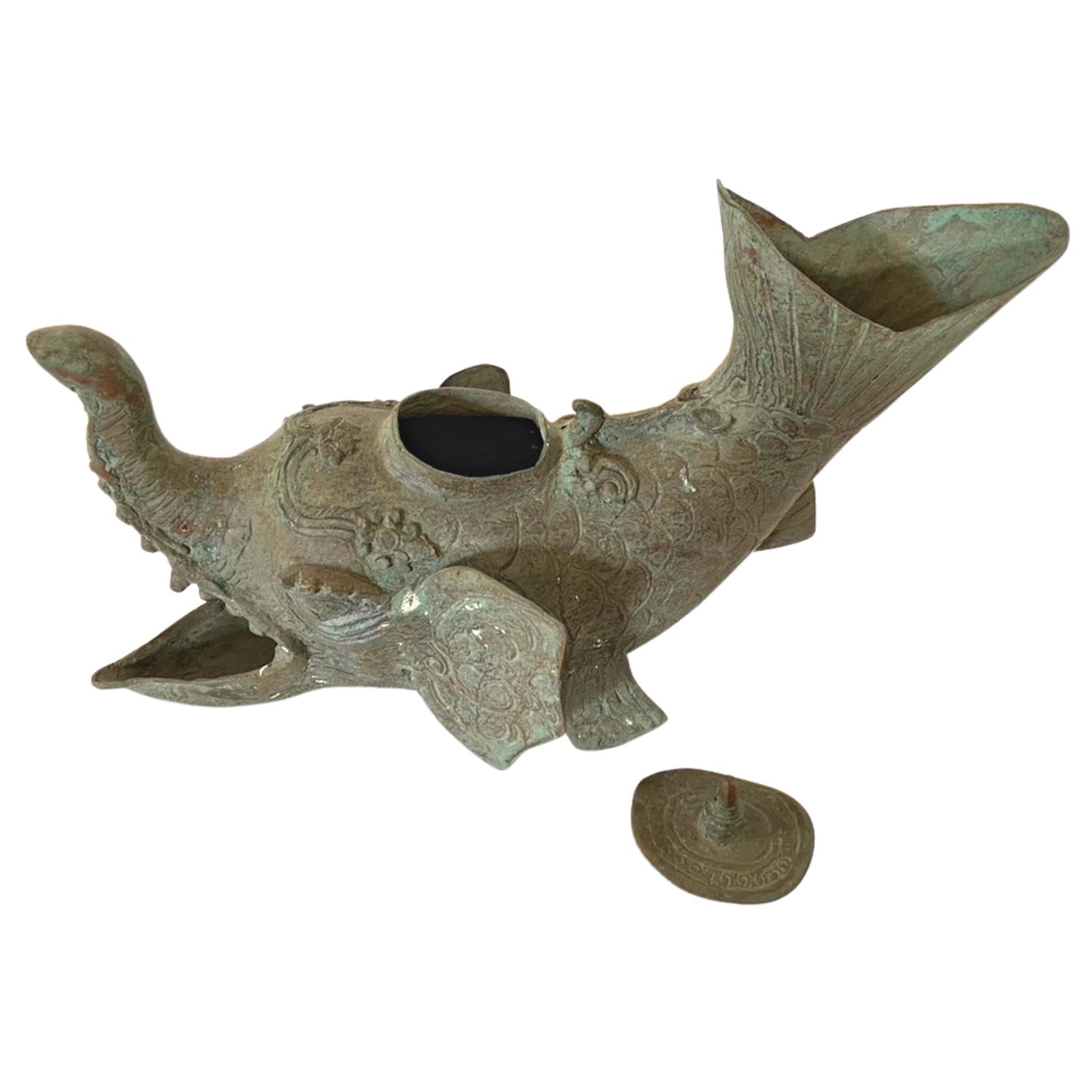 Gajah Mina Elephant Fish Vintage Oil Lamp Sculpture Artifact Mekara Chimera Verdigris Patina Bronze Indonesian Balinese Folk Art