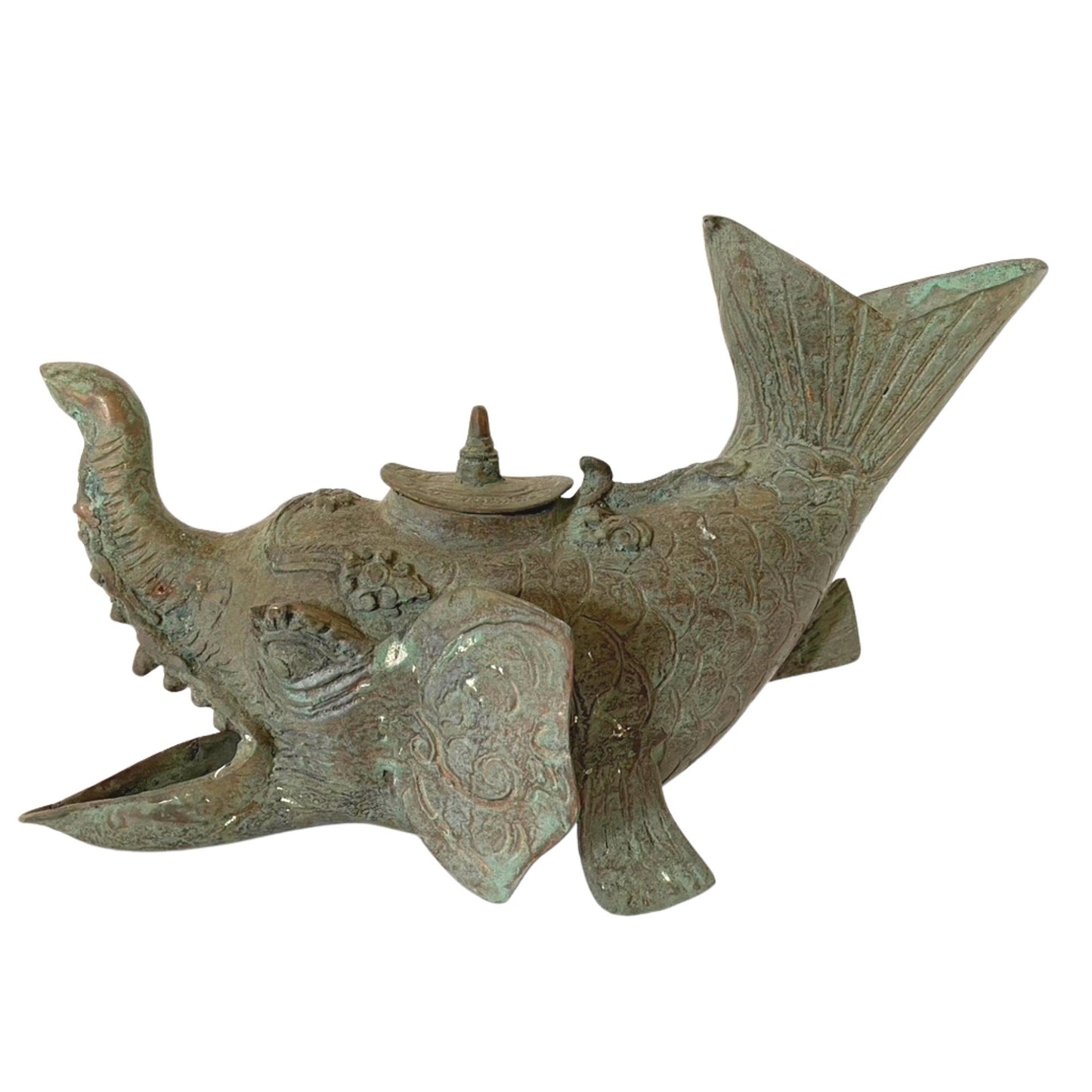 Gajah Mina Elephant Fish Vintage Oil Lamp Sculpture Artifact Mekara Chimera Verdigris Patina Bronze Indonesian Balinese Folk Art
