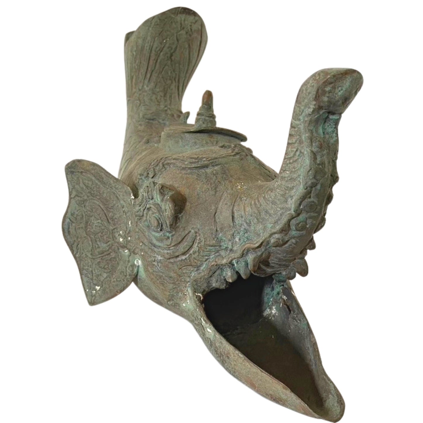 Gajah Mina Elephant Fish Vintage Oil Lamp Sculpture Artifact Mekara Chimera Verdigris Patina Bronze Indonesian Balinese Folk Art