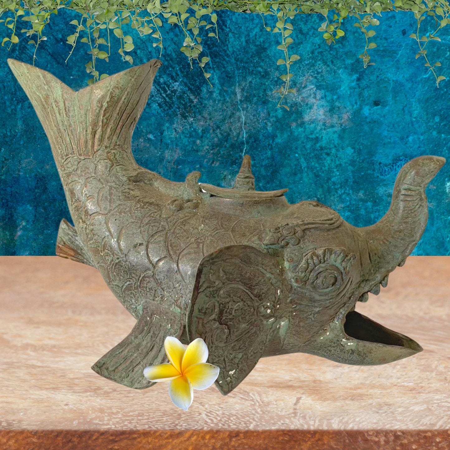 Vintage Balinese Gajah Mina Bronze Oil Lamp Sculpture: Elephant Fish, Lost Wax Cast Statue