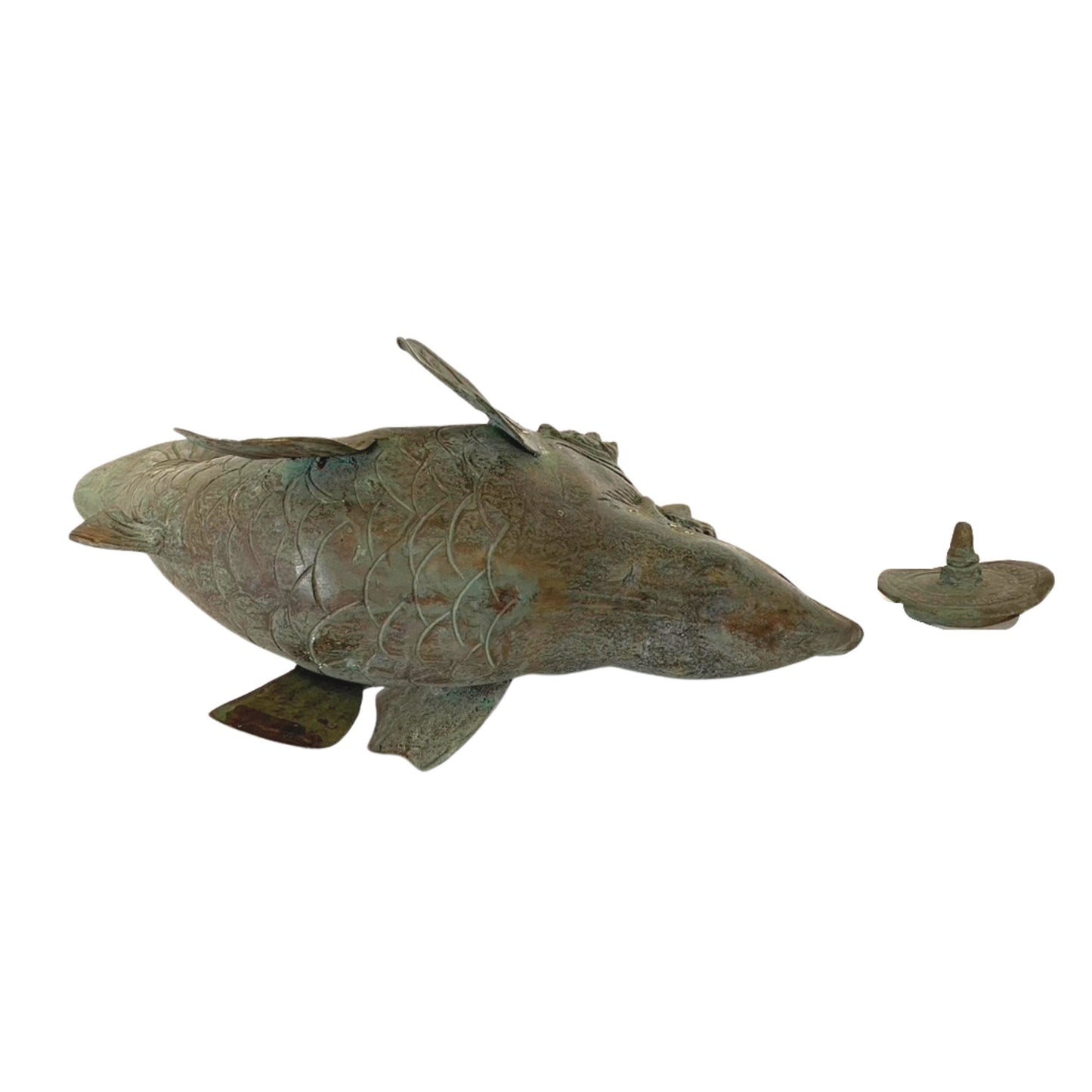 Gajah Mina Elephant Fish Vintage Oil Lamp Sculpture Artifact Mekara Chimera Verdigris Patina Bronze Indonesian Balinese Folk Art