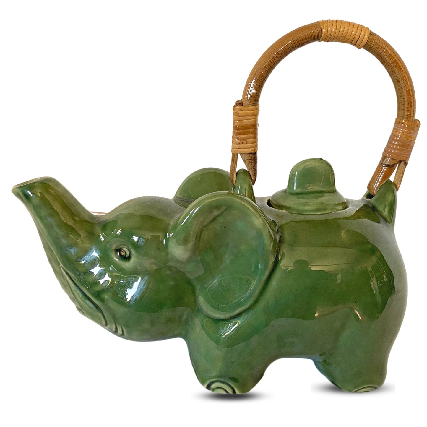 Handmade Celadon Elephant Teapot: Balinese handmade Pottery with Rattan Handle