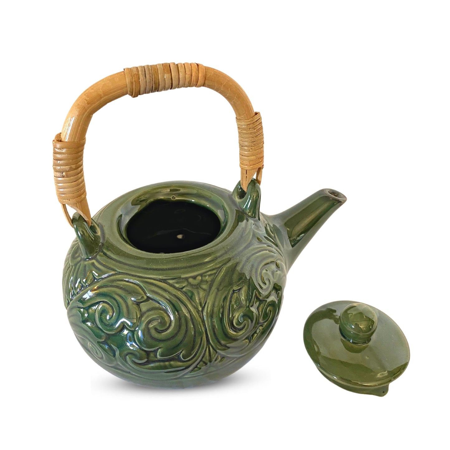 Handmade Balinese Floral Teapot: Celadon Green Ceramic with Rattan Handle