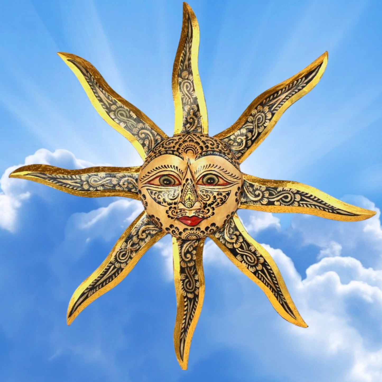 Hand Carved Folk Art Sun Wall Decor, Balinese Wood Carving, Sunburst Celestial Art