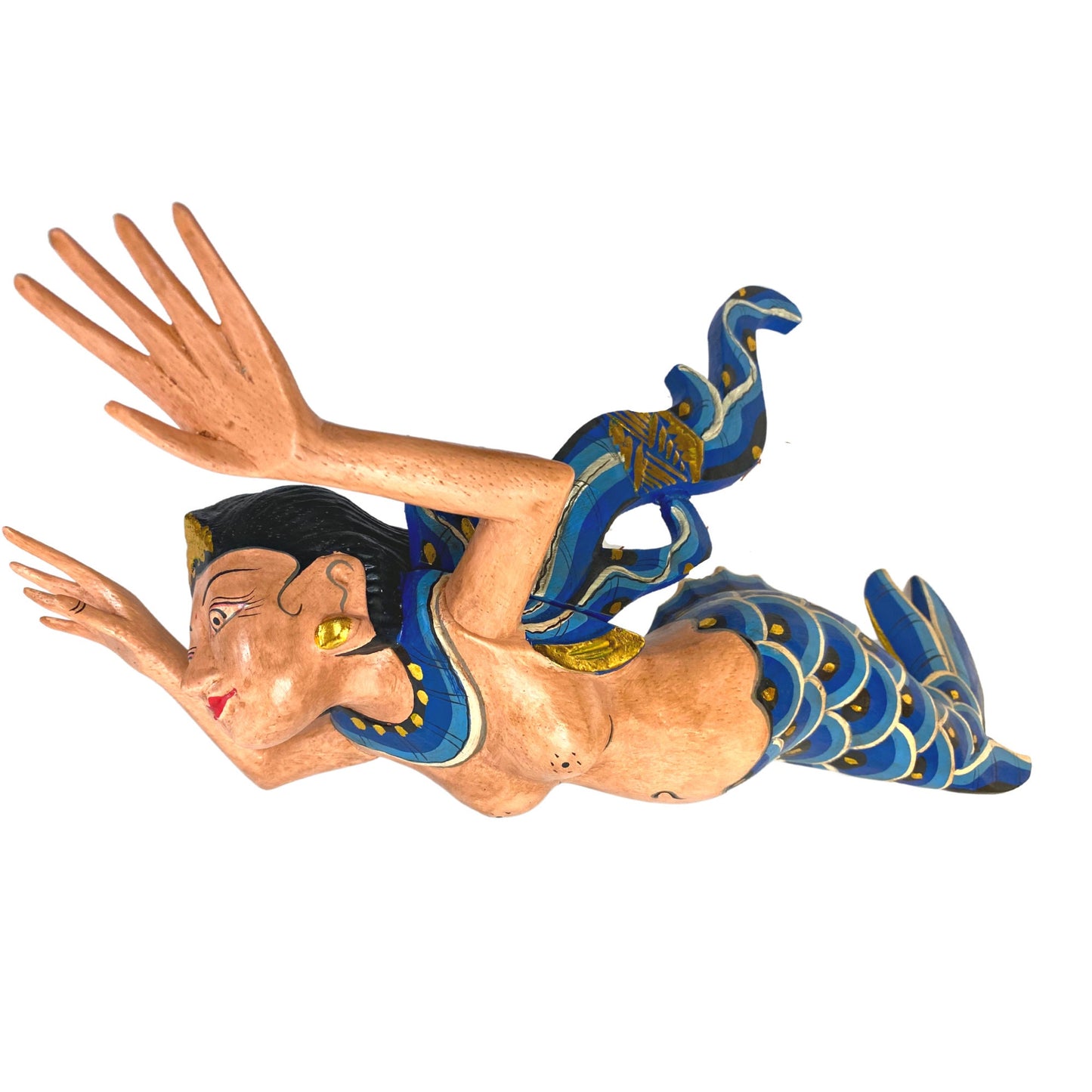 Winged Mermaid Goddess Hanging Mobile Spiritchaser Demon chaser Cradle guardian Hand Carved Painted wood Balinese Bali Folk art Teal 18" - Acadia World Traders