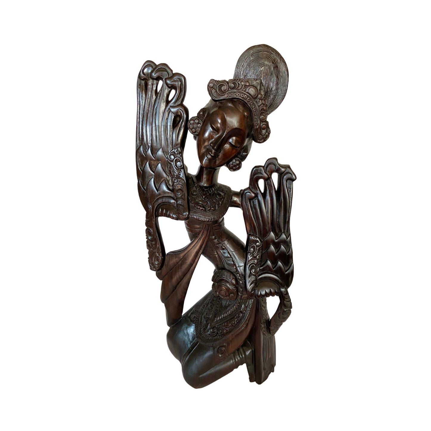 Vintage Balinese Wood Carving Legong Cendrawasih Dancer Sculpture Hand Carved Sono Wood Statue Bali Art Deco ooak