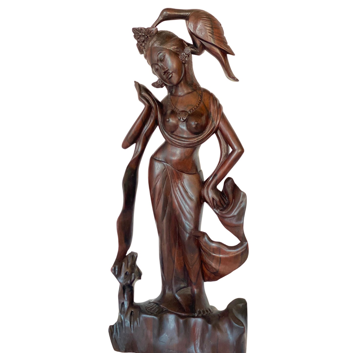 Balinese Dewi Sri Bawang Golden Bird Goddess Sculpture Vintage Hand Carved Sono Wood Carving Statue Bali Folklore Folk art Art