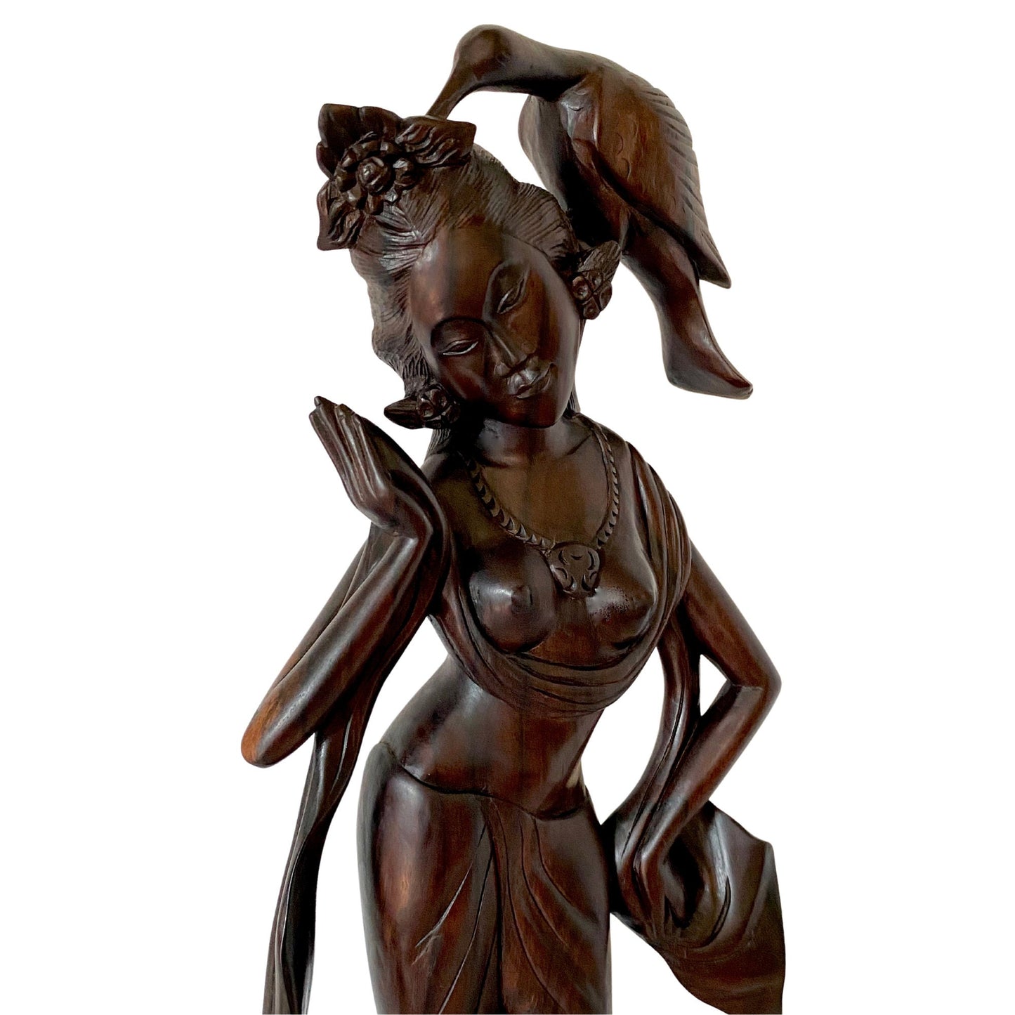 Balinese Dewi Sri Bawang Golden Bird Goddess Sculpture Vintage Hand Carved Sono Wood Carving Statue Bali Folklore Folk art Art