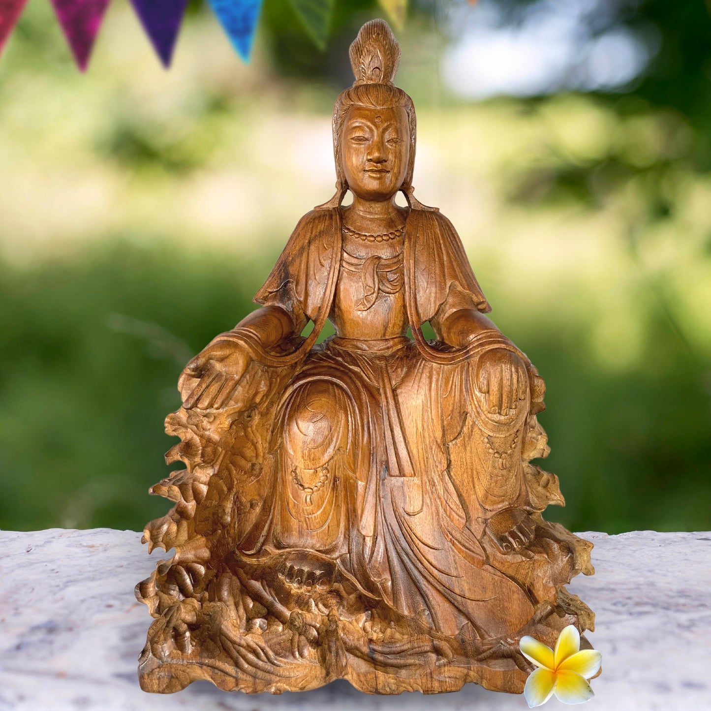 Seated Guanyin Sculpture Bodhisattva Goddess of Compassion Mercy Statue Hand Carved Wood Carving Asian Art Eclectic Decor