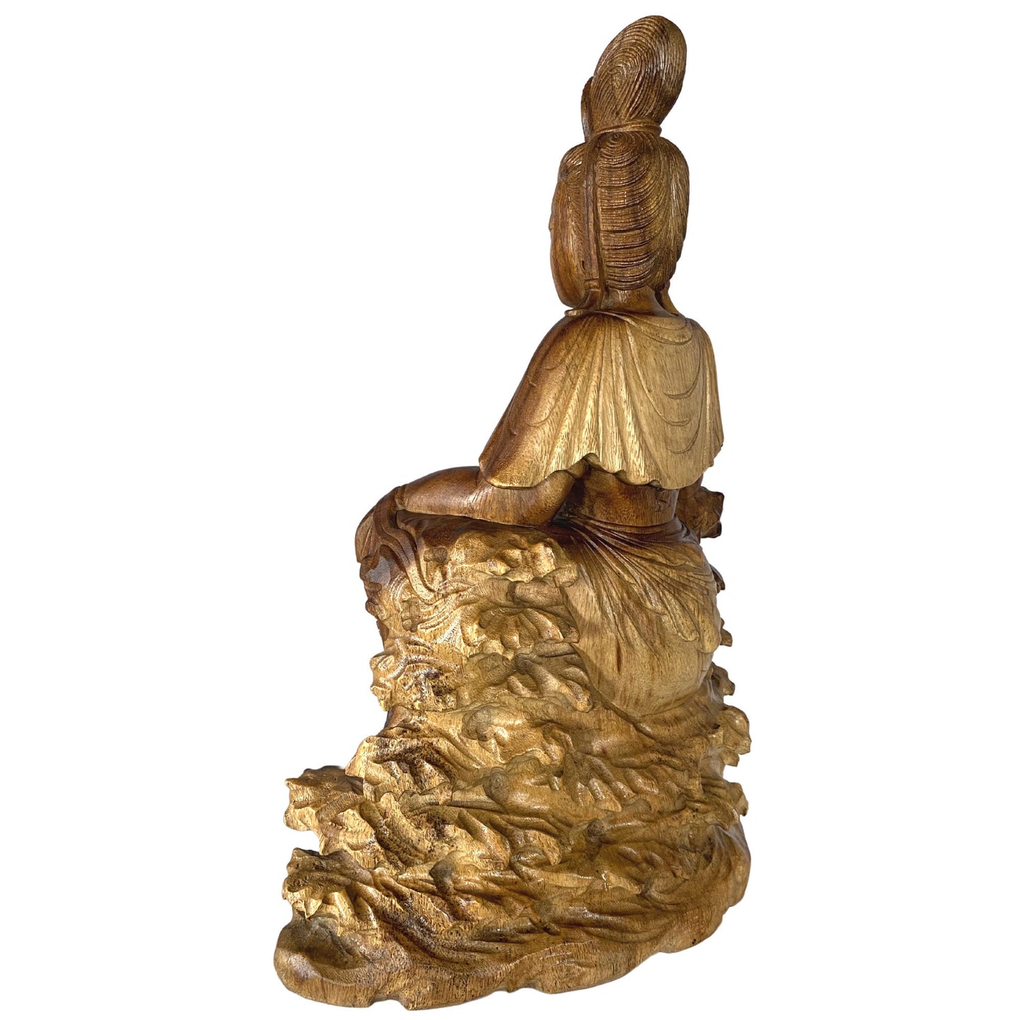 Seated Guanyin Sculpture Bodhisattva Goddess of Compassion Mercy Statue Hand Carved Wood Carving Asian Art Eclectic Decor