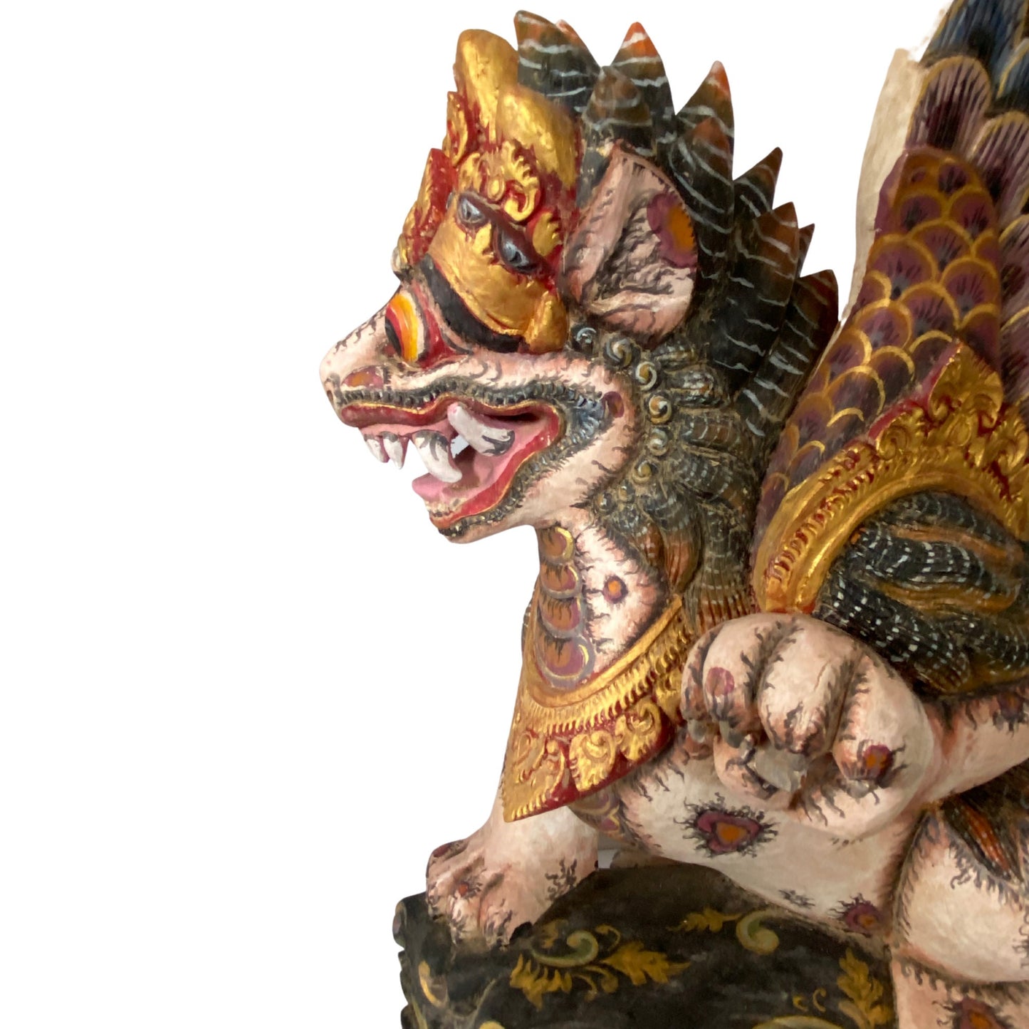 Balinese Singa Barong Winged Lion Statue: Hand Carved Polychrome Cempaka Wood Sculpture
