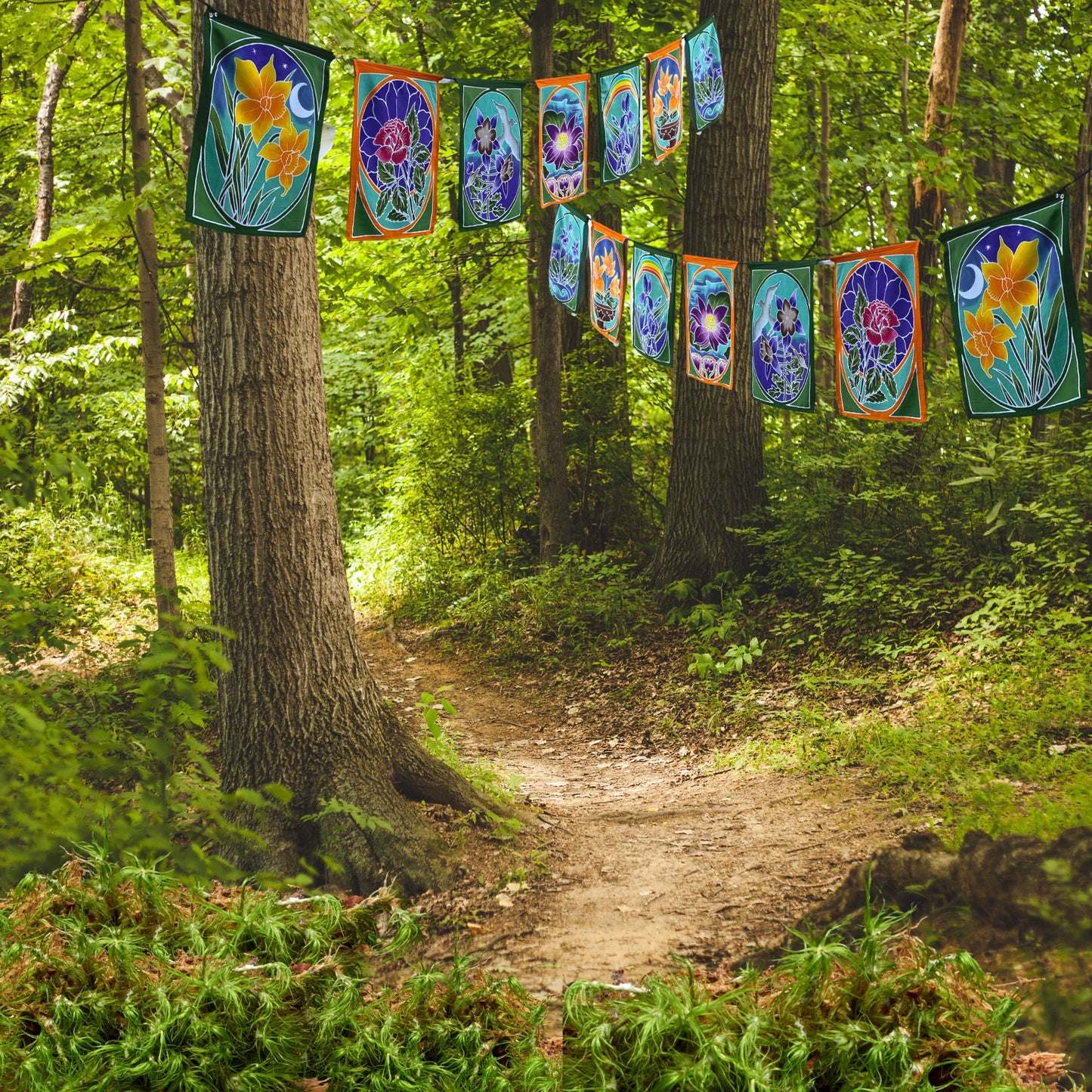Balinese Batik Prayer Flags: Sacred Lotus Garden Wall Hanging, Home and Garden Decor