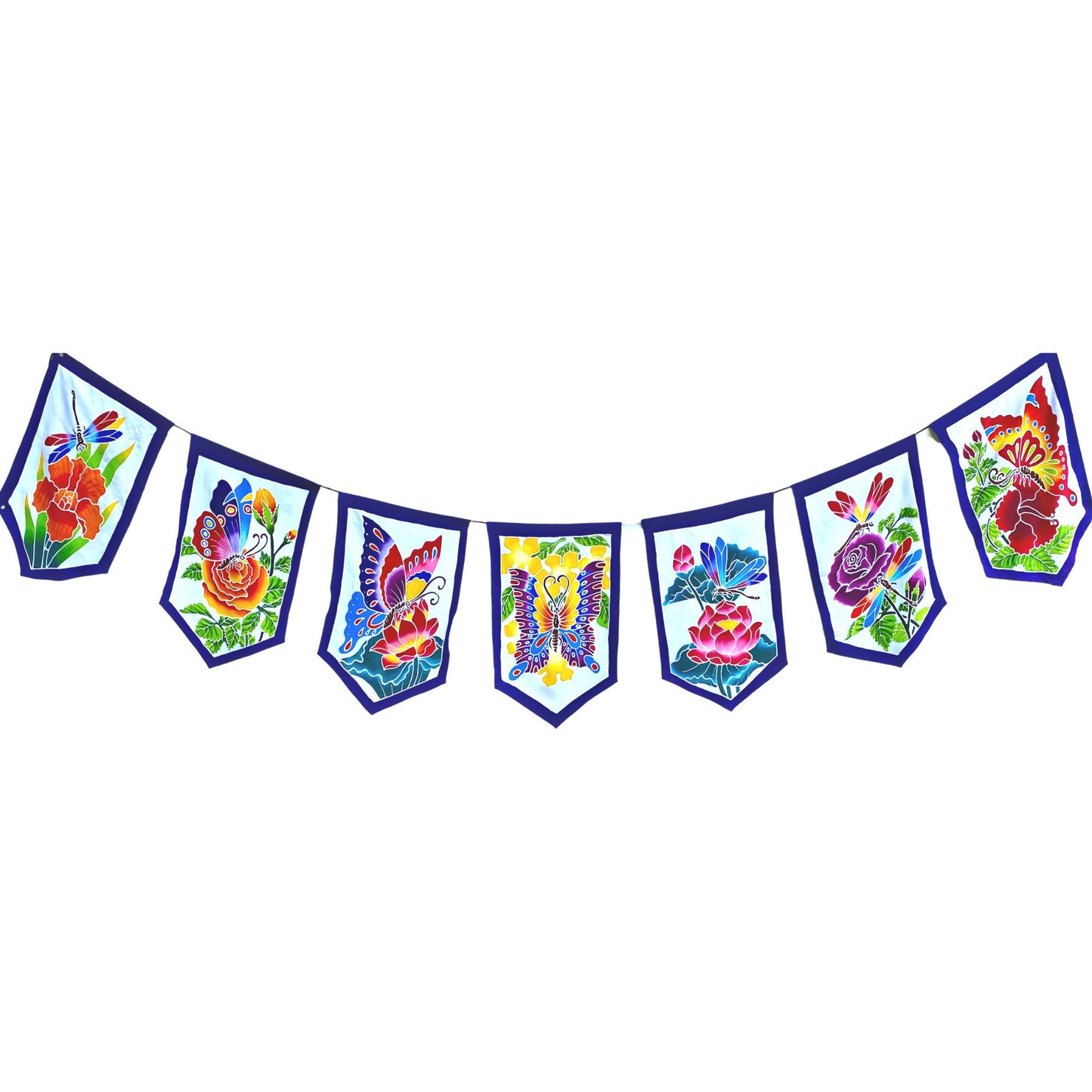 Butterfly Garden Prayer Flag Rose Dragonfly Wall Hanging Banner Balinese Handmade Batik Boho Garden Art & Home Decor