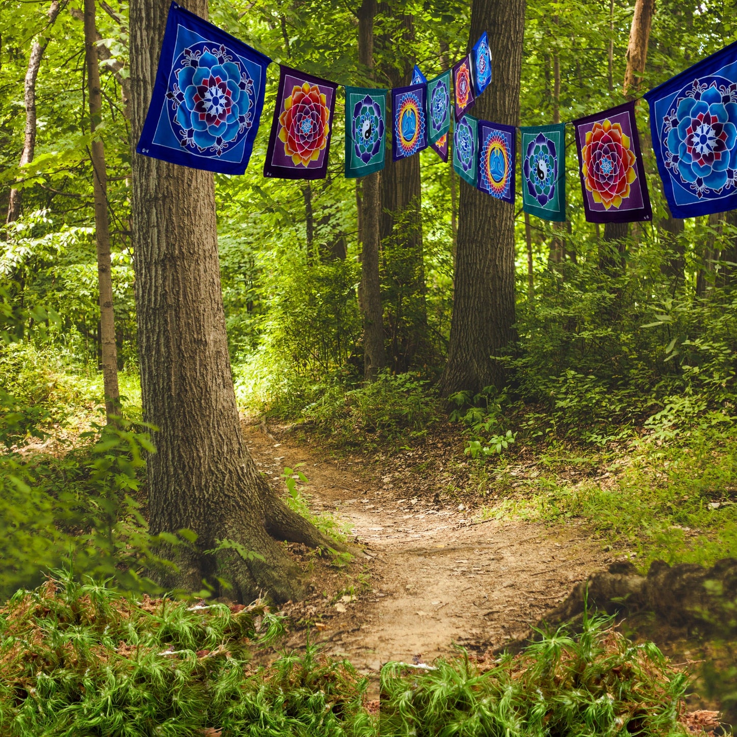Hand Batik Mandala Prayer Flags: Sacred Geometry Wall Hanging, Boho Decor