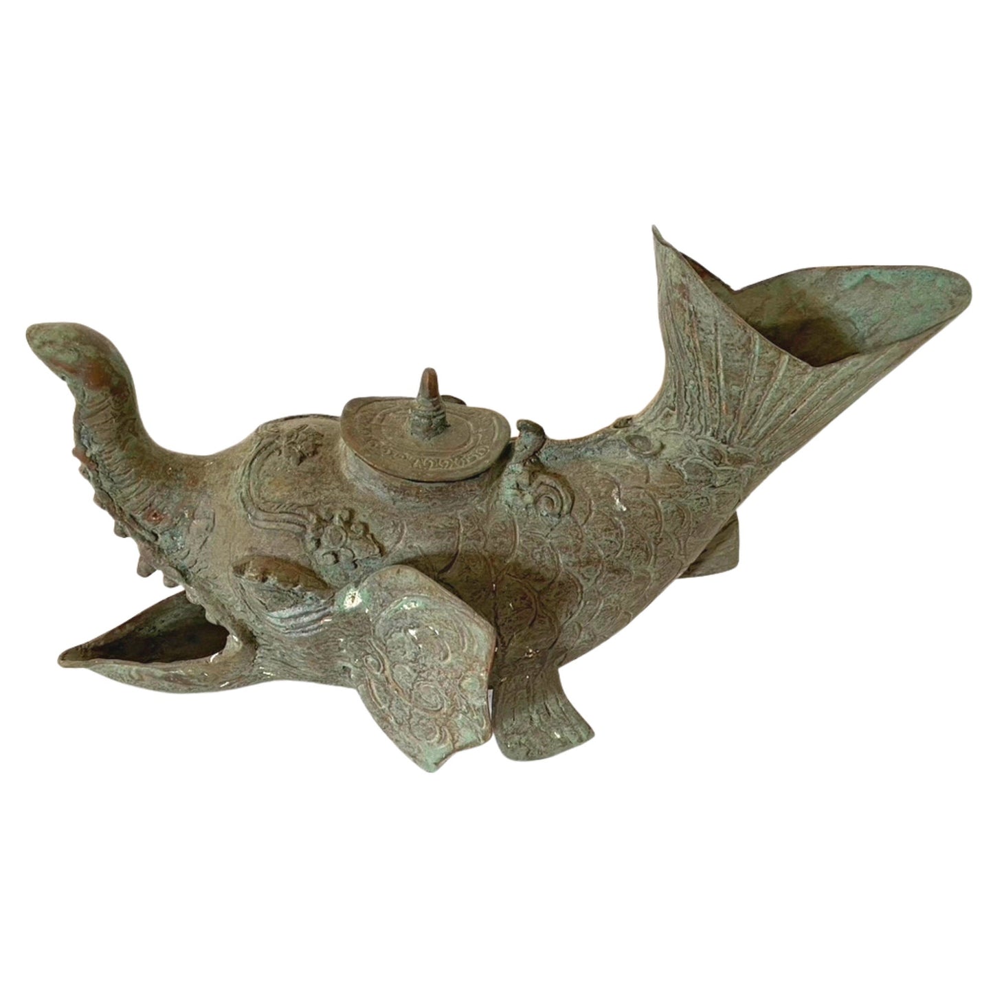 Gajah Mina Elephant Fish Vintage Oil Lamp Sculpture Artifact Mekara Chimera Verdigris Patina Bronze Indonesian Balinese Folk Art