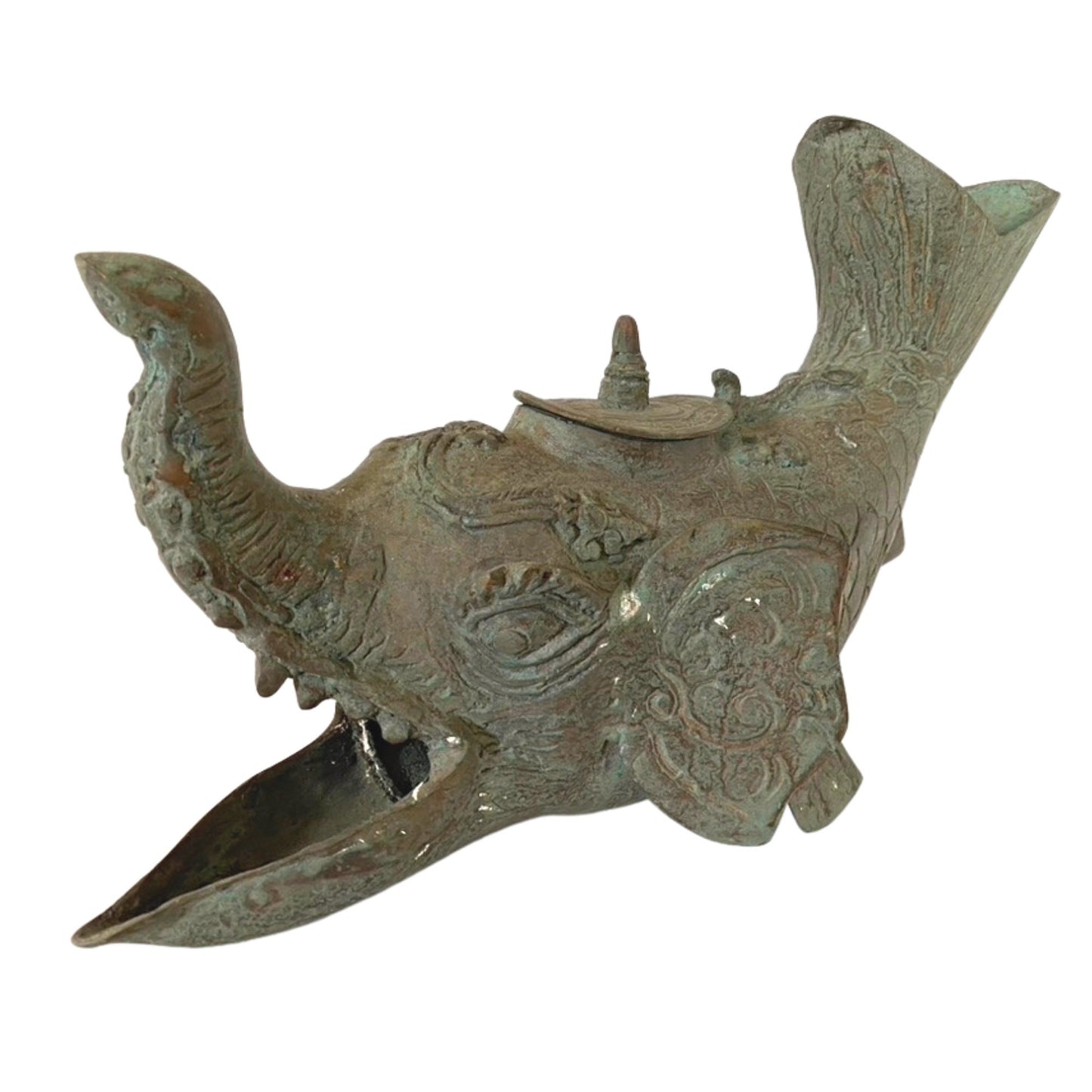 Gajah Mina Elephant Fish Vintage Oil Lamp Sculpture Artifact Mekara Chimera Verdigris Patina Bronze Indonesian Balinese Folk Art