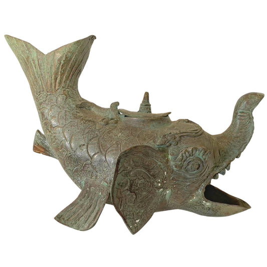 Gajah Mina Elephant Fish Vintage Oil Lamp Sculpture Artifact Mekara Chimera Verdigris Patina Bronze Indonesian Balinese Folk Art