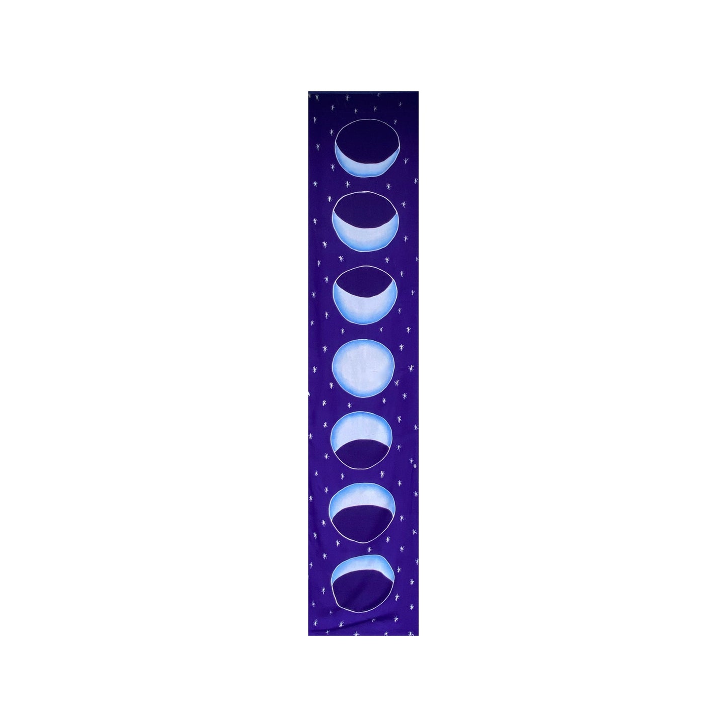 Lunar Moon Phase Wall hanging Banner Handmade Bali Blue Hand drawn Batik Fabric Boho Eclectic Home Decor Celestial Art