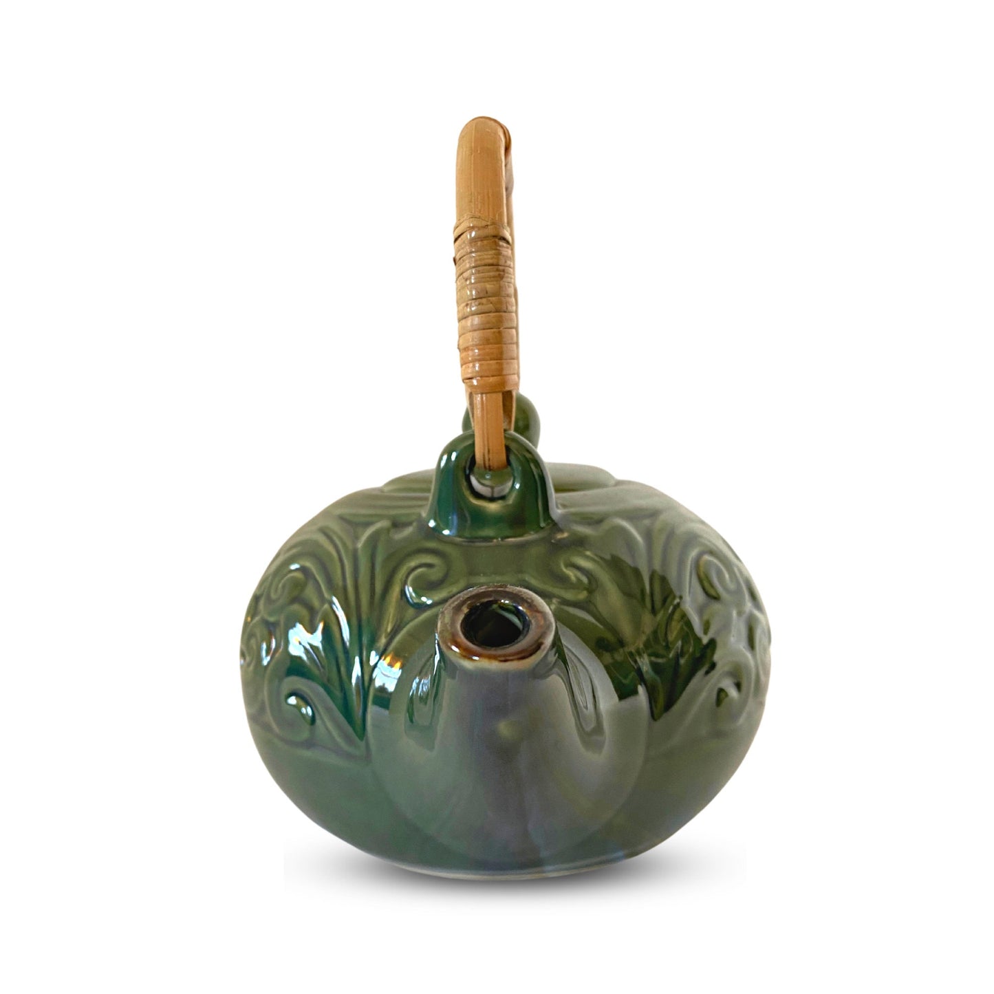 Balinese Floral Embossed Ceramic Teapot Pottery Stoneware Celadon Green handmade Bali Art Tea Ceremony Eclectic Boho Decor