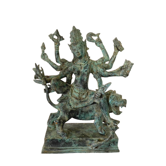 Devi Durga Shakti Sculpture Warrior Hindu Mother Goddess Mahadevi Mounted Upon Lion Statue Cast Bronze Sculpture Bali Art Shaktism Tantra