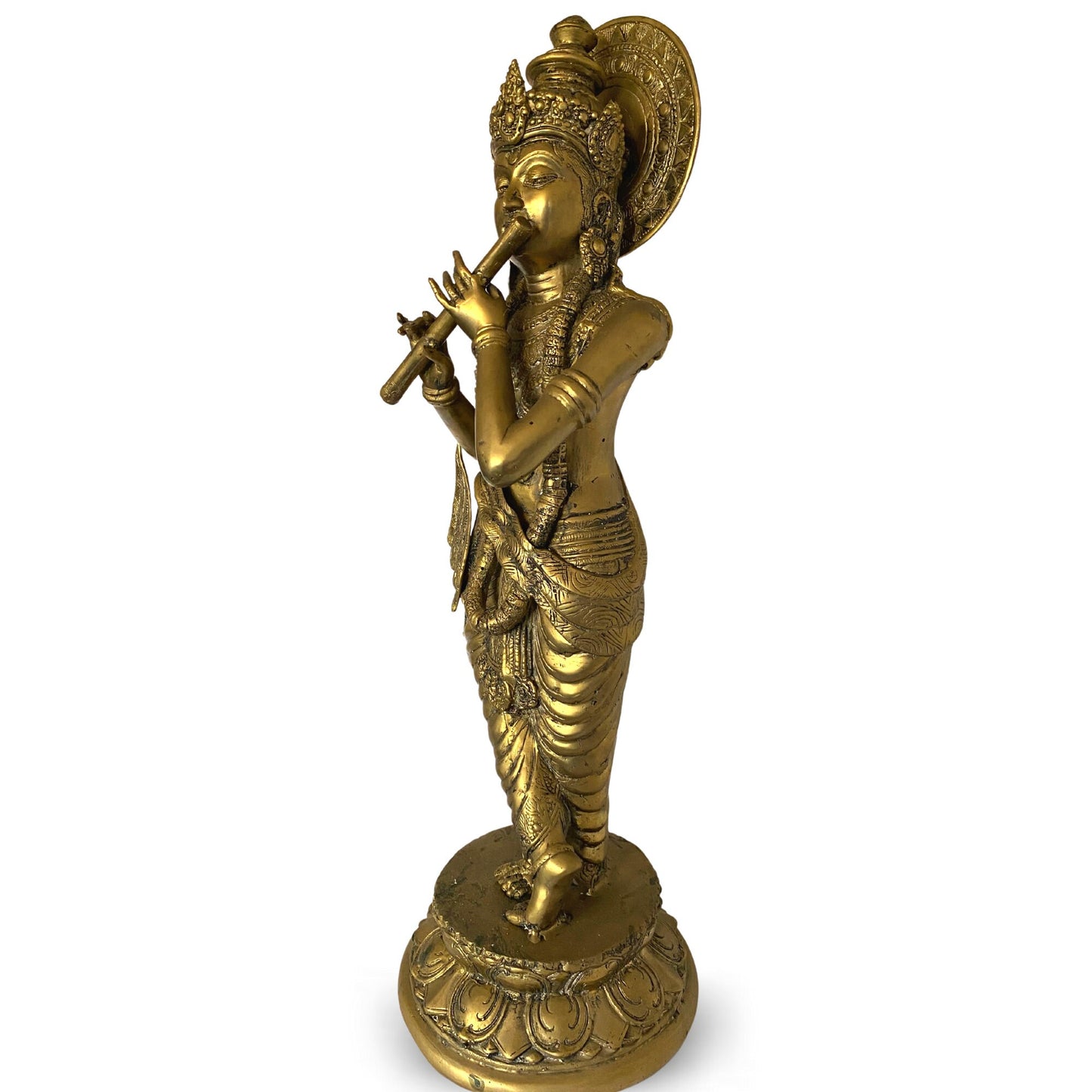 Lord Krishna Bronze Statue Playing Flute Padma lost wax cast Bronze Metal sculpture Oxidized Patina Handmade Balinese Hindu Art Hinduism 23"