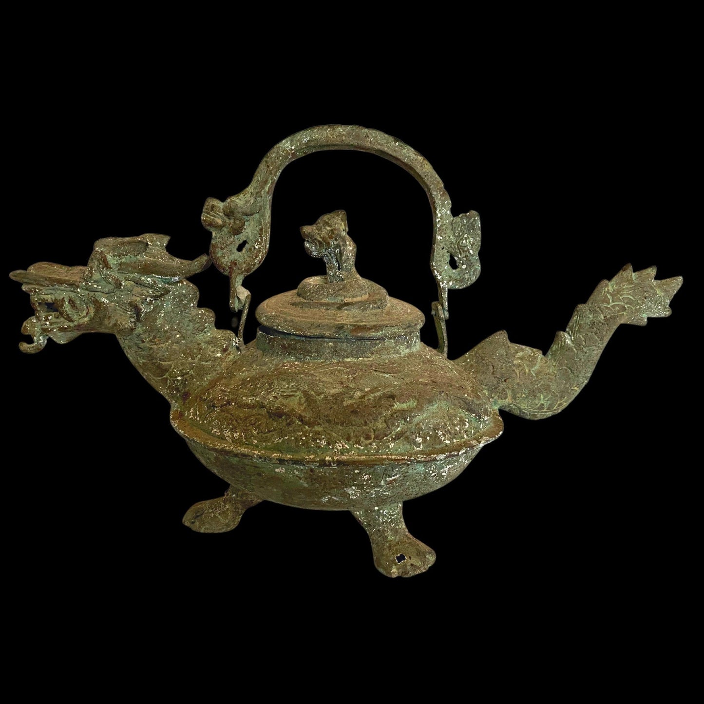 Vintage Dragon Water Pot Naga teapot Statue Verdigris Bronze Lost Wax Cast Metal Indonesian Temple Art Balinese Folk Art