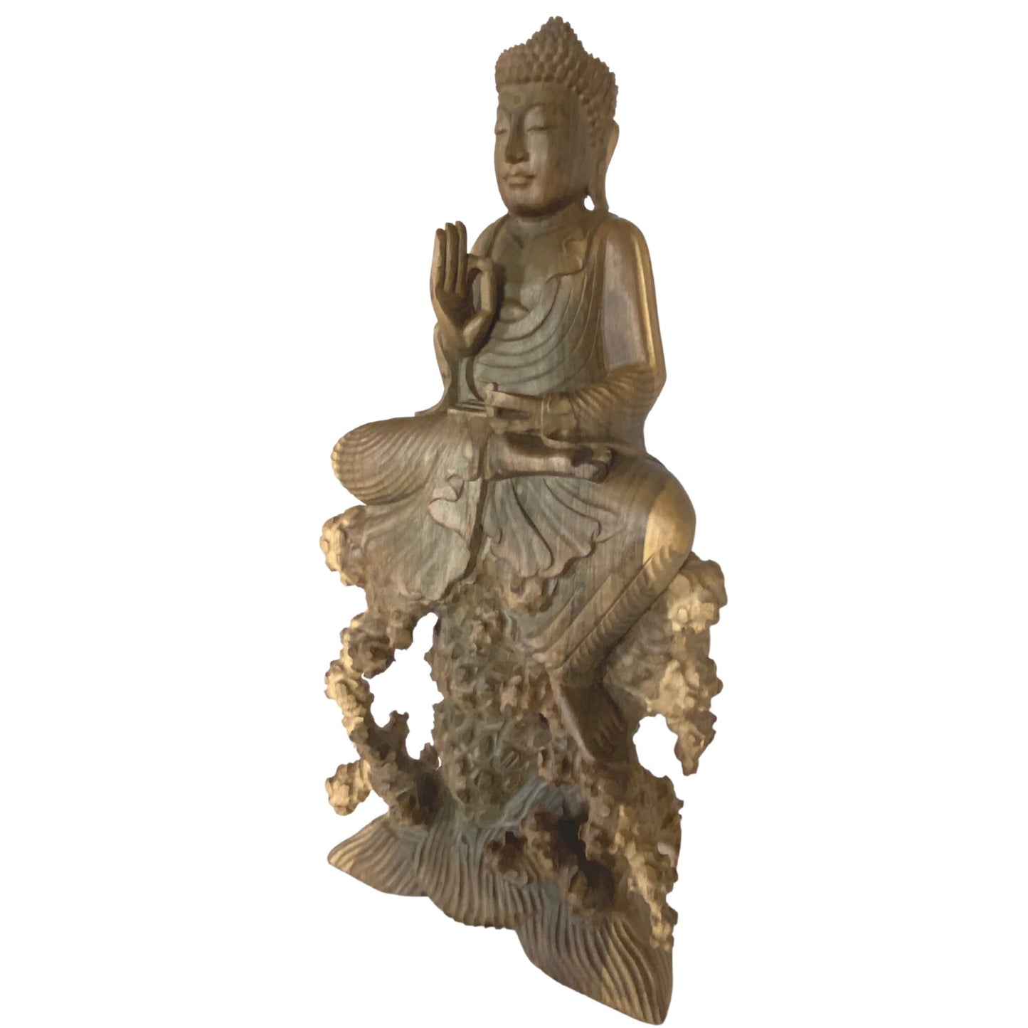 Meditating No Fear Buddha Sculpture Abhaya Mudra Statue Balinese Art Hand Carved Wood carving Eclectic Asian Decor