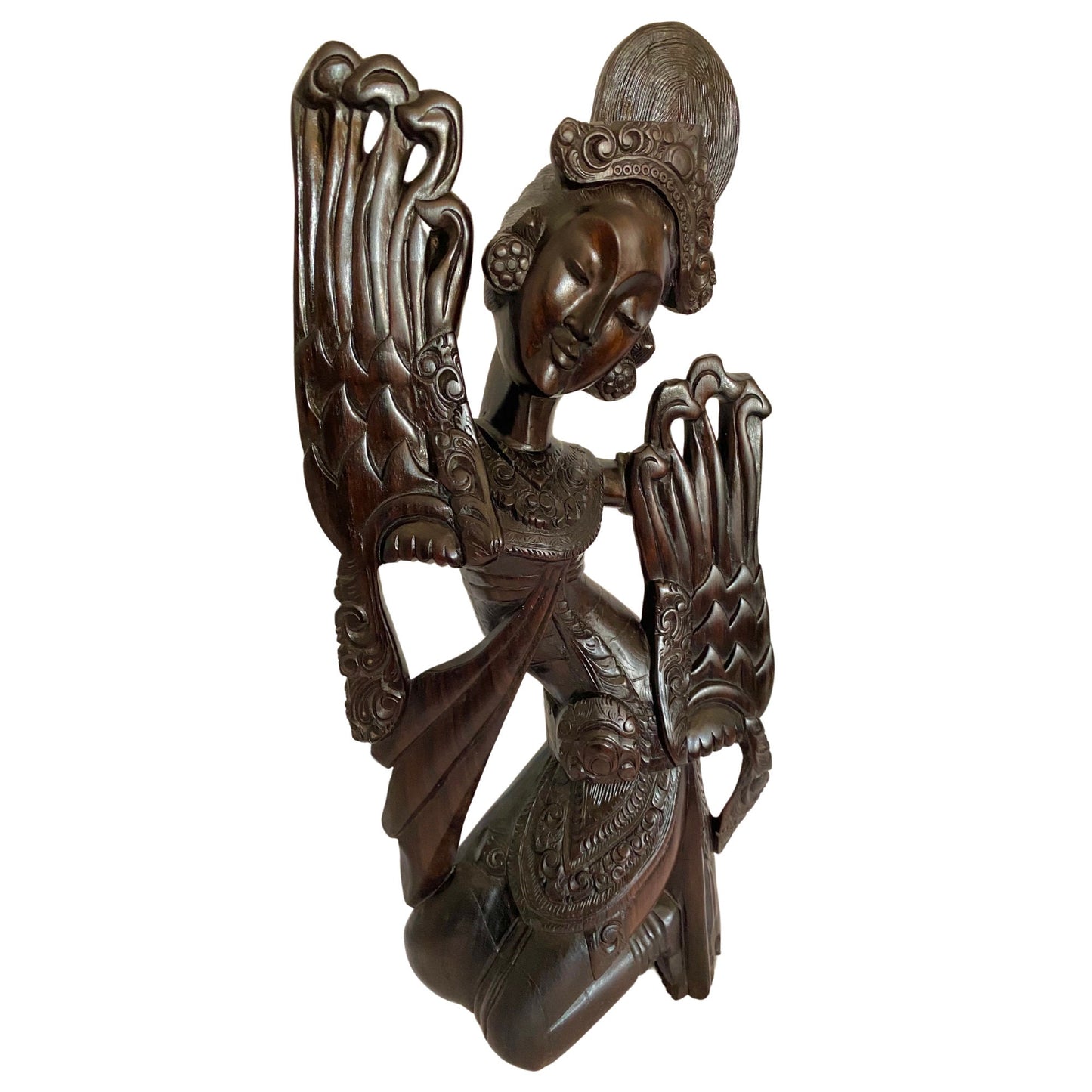 Vintage Balinese Wood Carving Legong Cendrawasih Dancer Sculpture Hand Carved Sono Wood Statue Bali Art Deco ooak