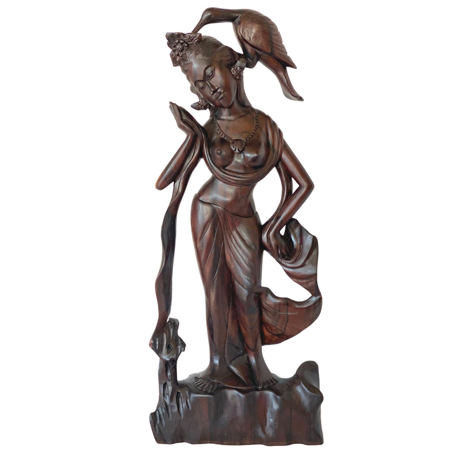 Balinese Dewi Sri Bawang Golden Bird Goddess Sculpture Vintage Hand Carved Sono Wood Carving Statue Bali Folklore Folk art Art