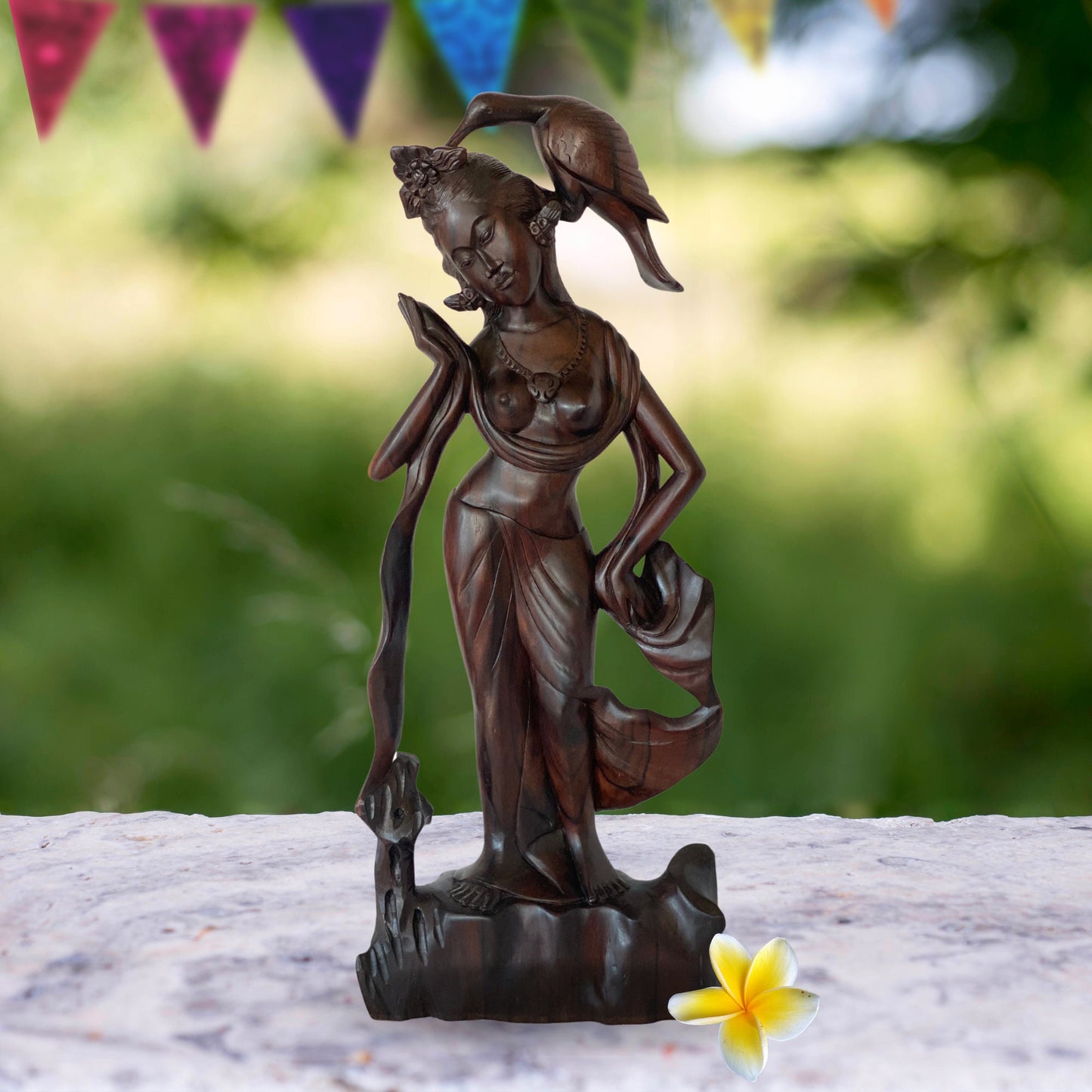 Balinese Dewi Sri Bawang Golden Bird Goddess Sculpture Vintage Hand Carved Sono Wood Carving Statue Bali Folklore Folk art Art
