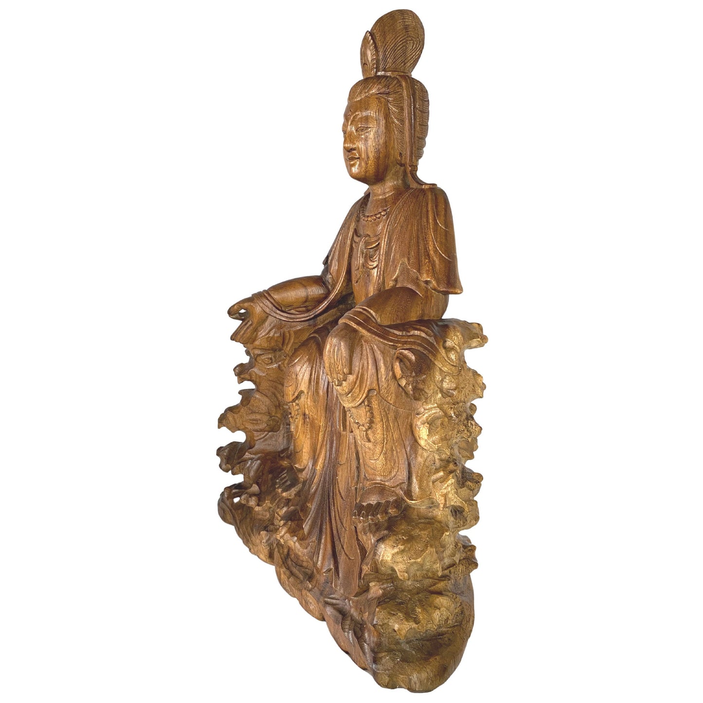 Seated Guanyin Sculpture Bodhisattva Goddess of Compassion Mercy Statue Hand Carved Wood Carving Asian Art Eclectic Decor