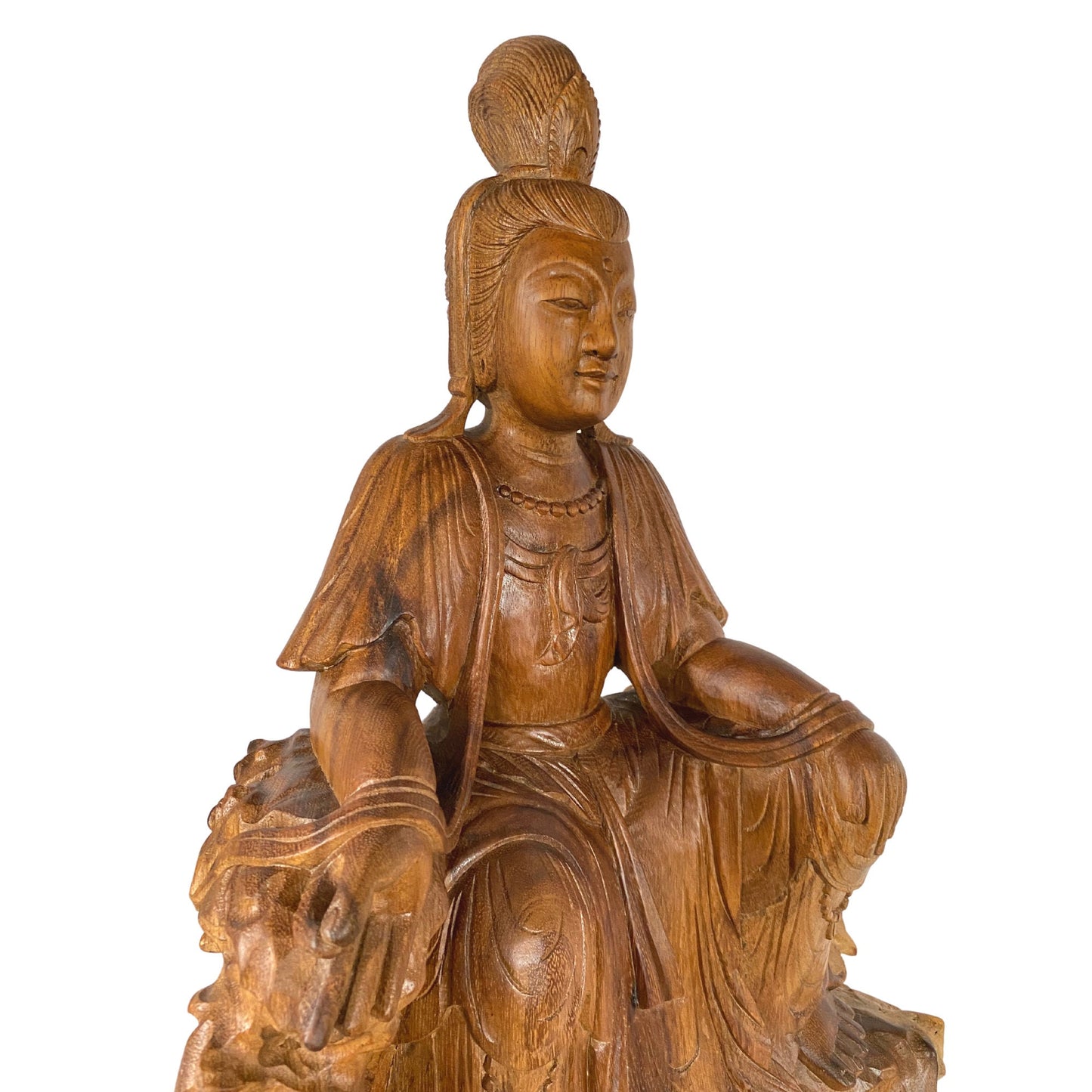 Seated Guanyin Sculpture Bodhisattva Goddess of Compassion Mercy Statue Hand Carved Wood Carving Asian Art Eclectic Decor