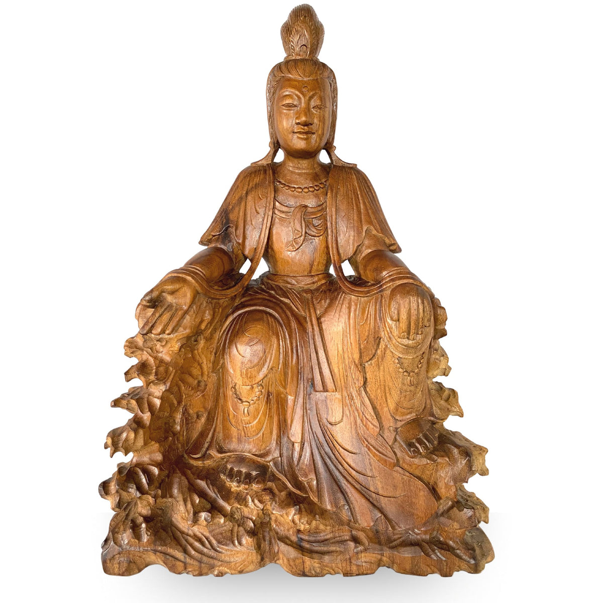 Hand Carved Guanyin Goddess Sculpture: Bodhisattva Compassion Statue, Balinese Wood Carving