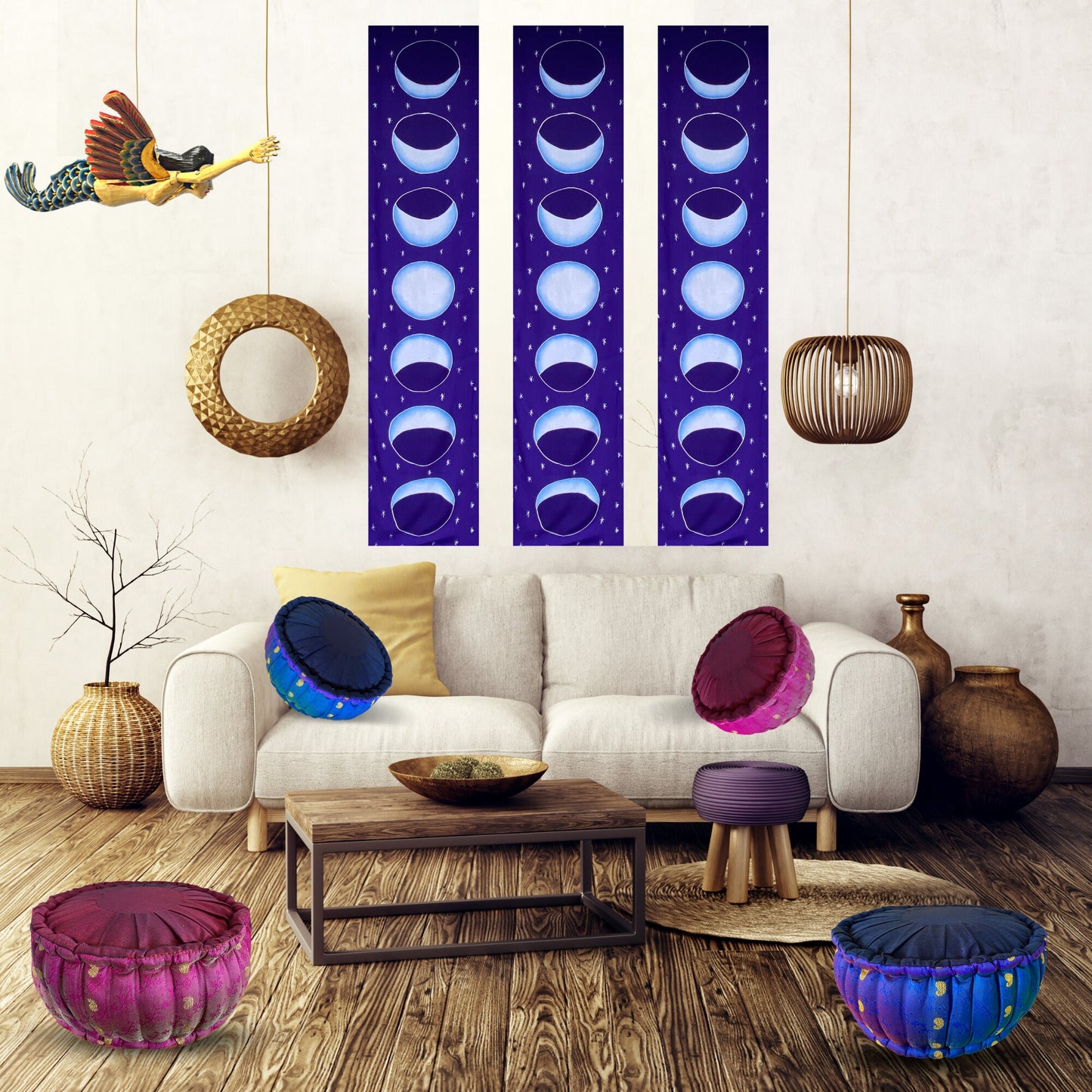 Handmade Batik Moon Phase Banner: Blue Celestial Wall Hanging
