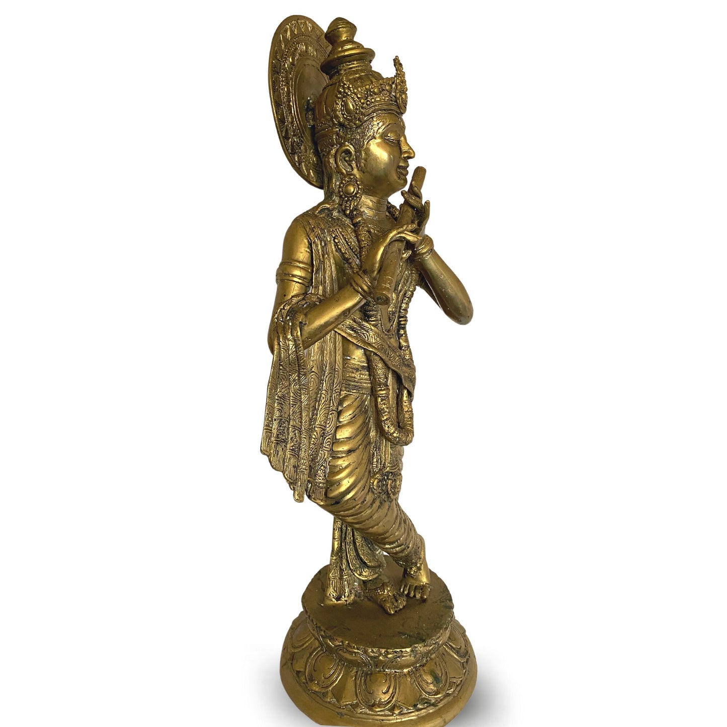 Lord Krishna Bronze Statue Playing Flute Padma lost wax cast Bronze Metal sculpture Oxidized Patina Handmade Balinese Hindu Art Hinduism 23"